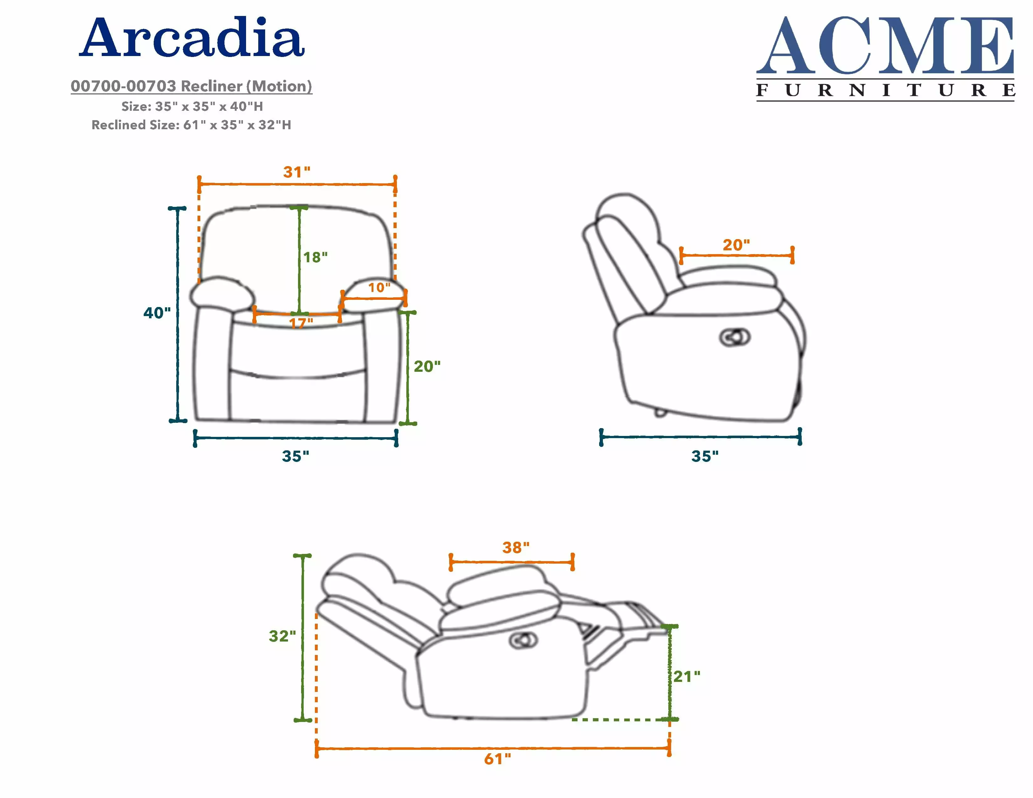 ACME Arcadia Recliner Light Brown Woven Fabric Motion BloomVivid