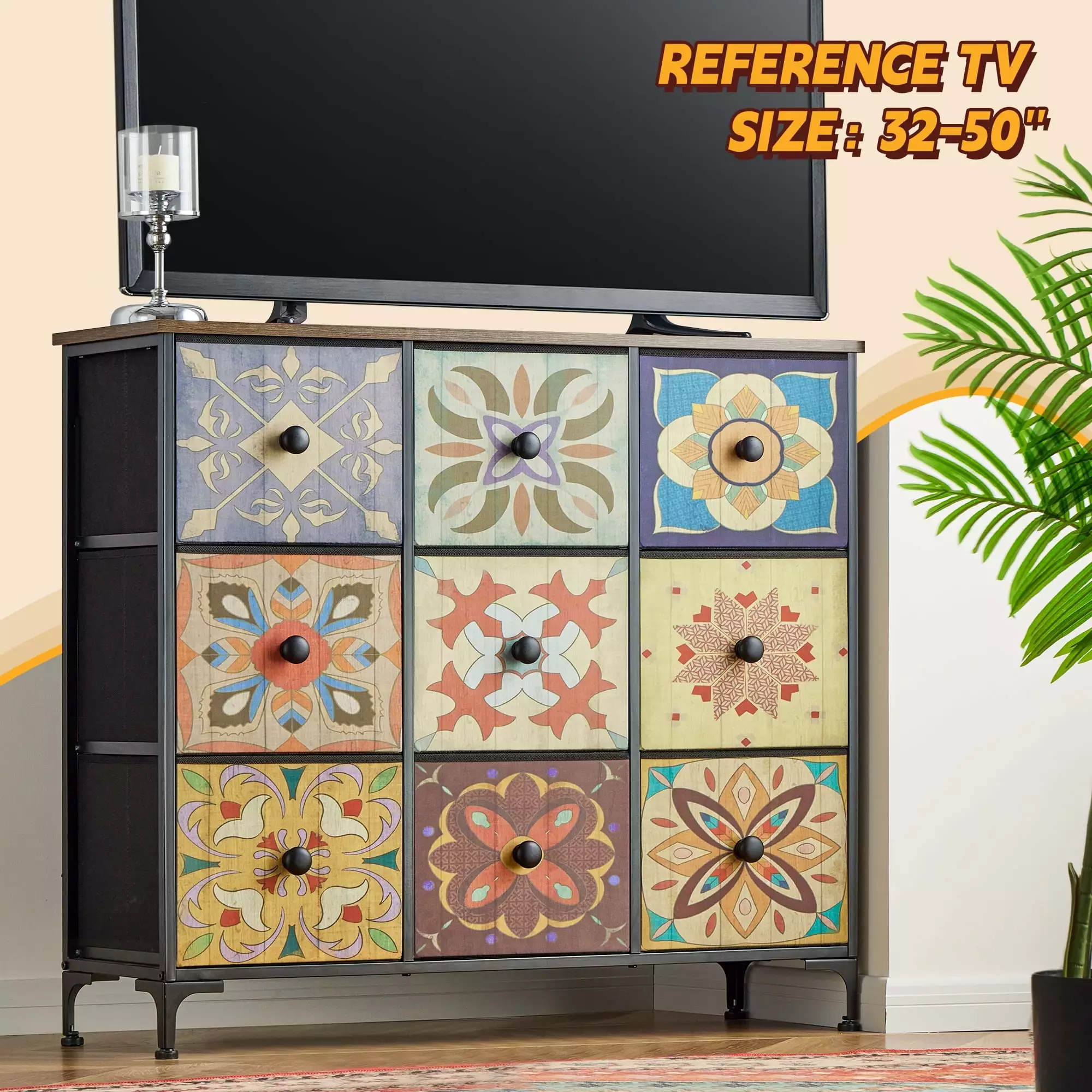 EnHomee 9 Drawer Dresser Bedroom, Boho Dresser Fabric Drawers and Wooden Top