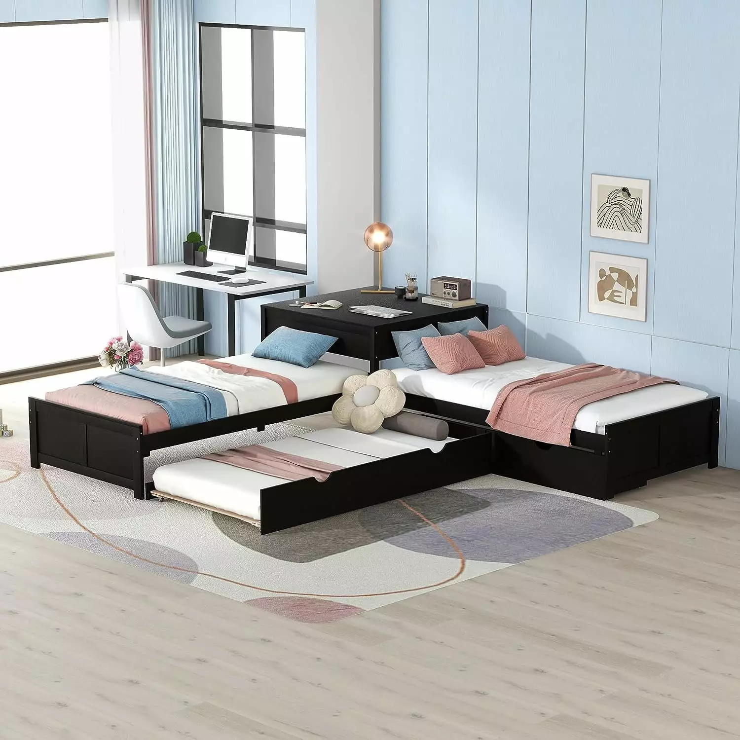 Bellemave L Shaped Platform Bed Trundle and Drawers - Twin Size Corner Bed Built- Desk