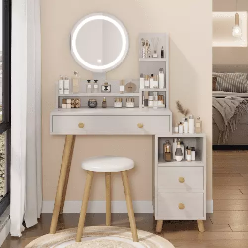 Wohh Round Mirror Bedside Cabinet Vanity Table Cushioned Stool - 17" LED Touch Control Mirror, 3-Color Adjustable Brightness