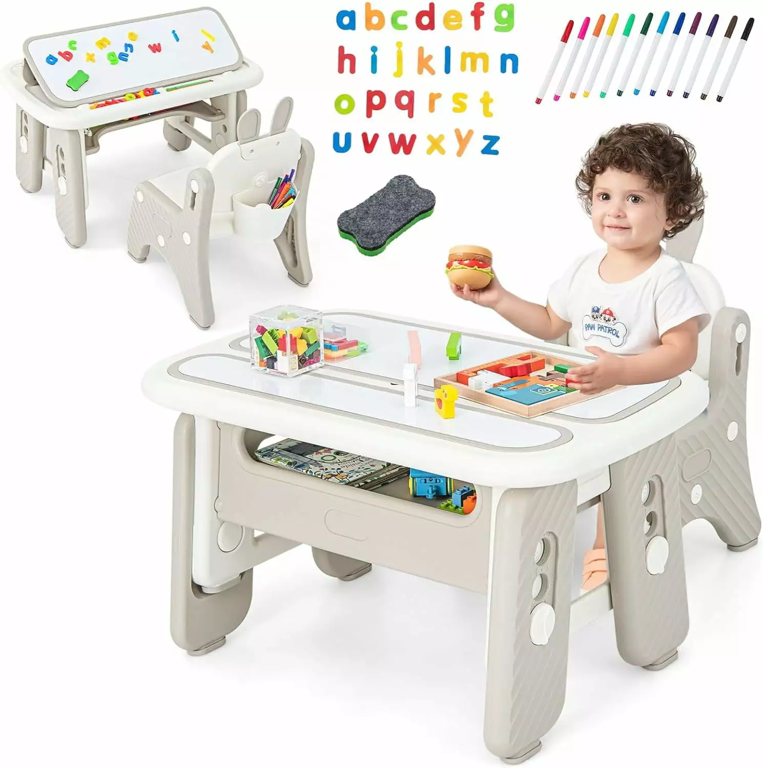 OLAKIDS Kids Table and Chair Set Magnetic Drawing Board Adjustable Height Bookshelf