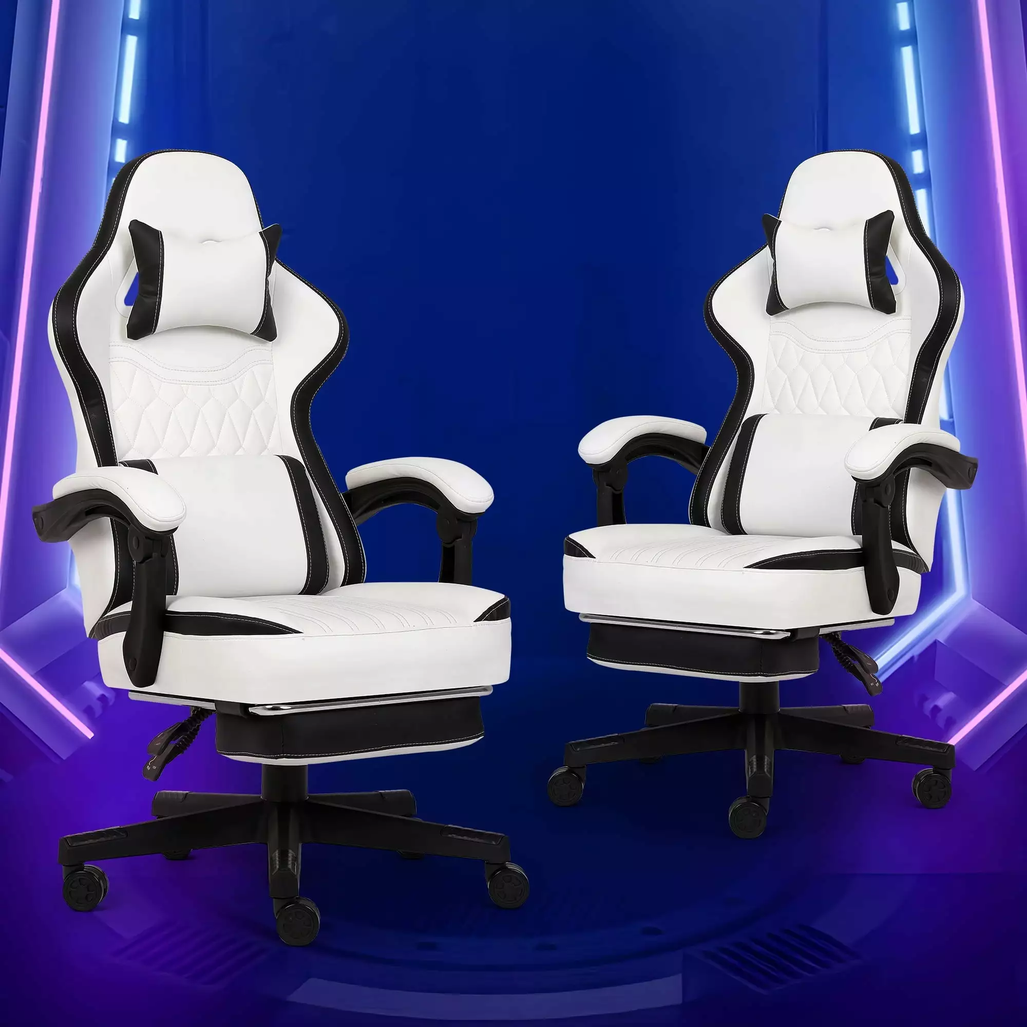 FAMOYI Gaming Chairs Footrest Set 2 Leather Adjustable Swivel Reclining Chairs Headrest Lumbar Support