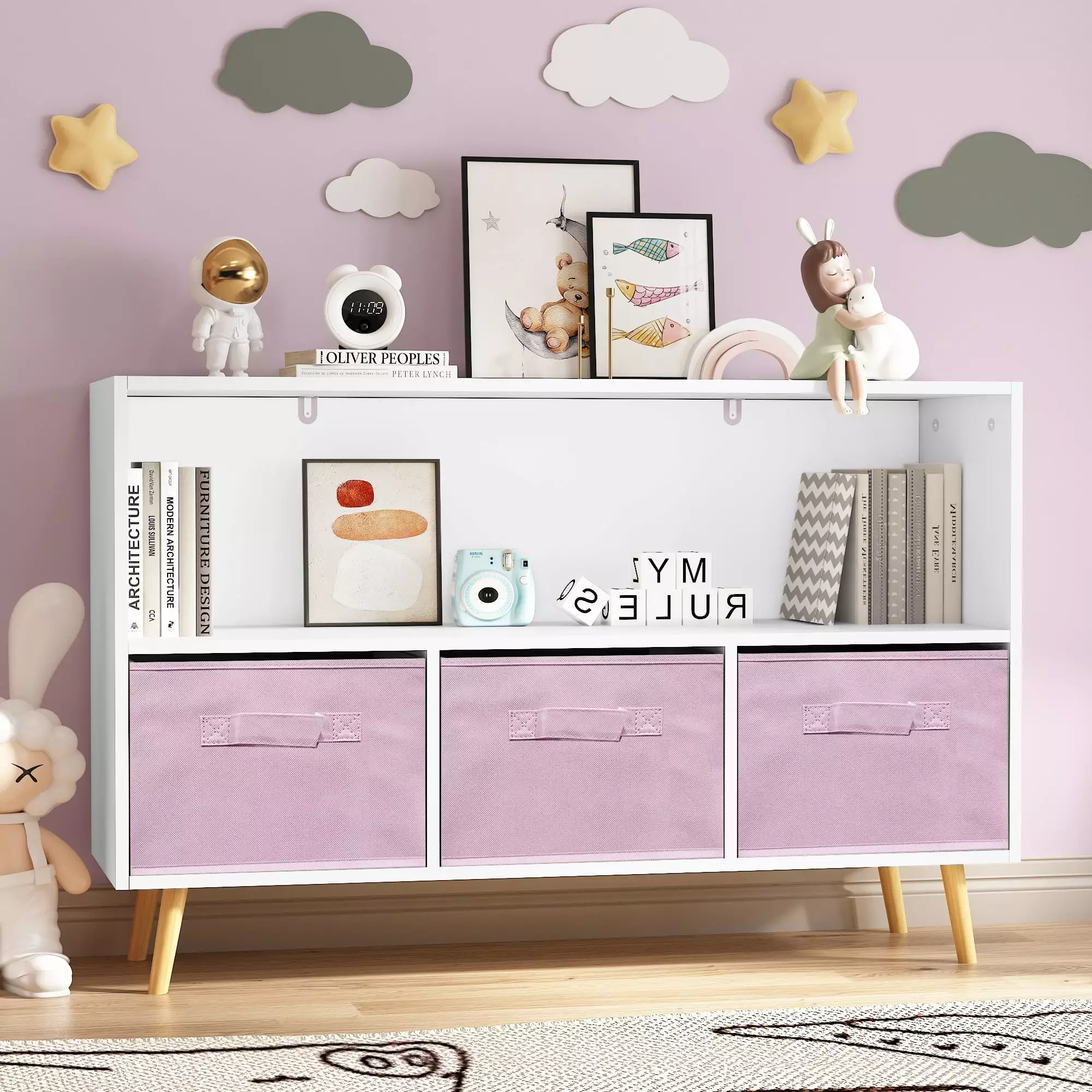 UHOMEPRO Kids Bookshelves Multifunctional Bookcase Collapsible Fabric Drawers White and Pink