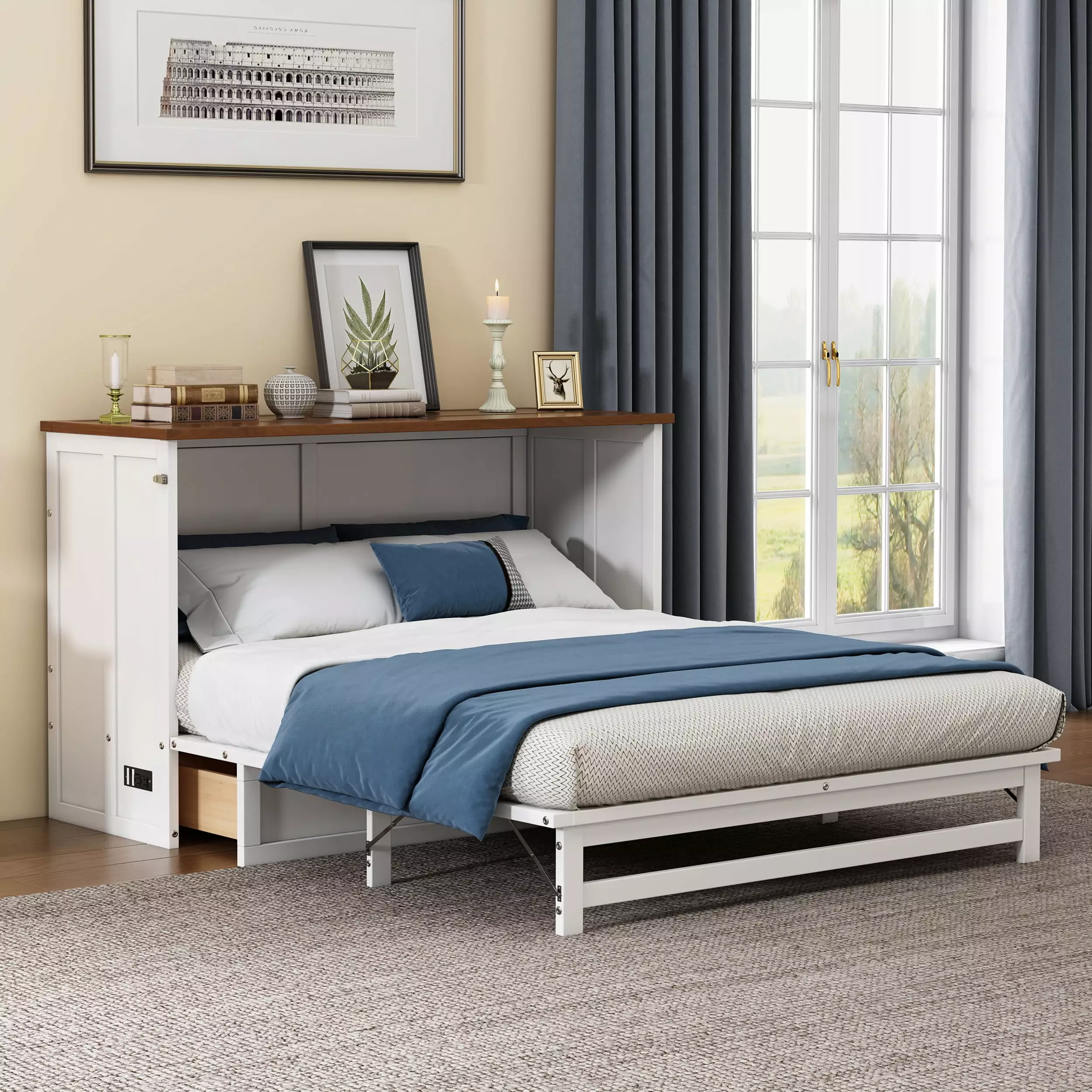 Bellemave Murphy Bed Queen Storage Drawer Solid Wood Queen Size Murphy Bed Cabinet Charging Station White Walnut