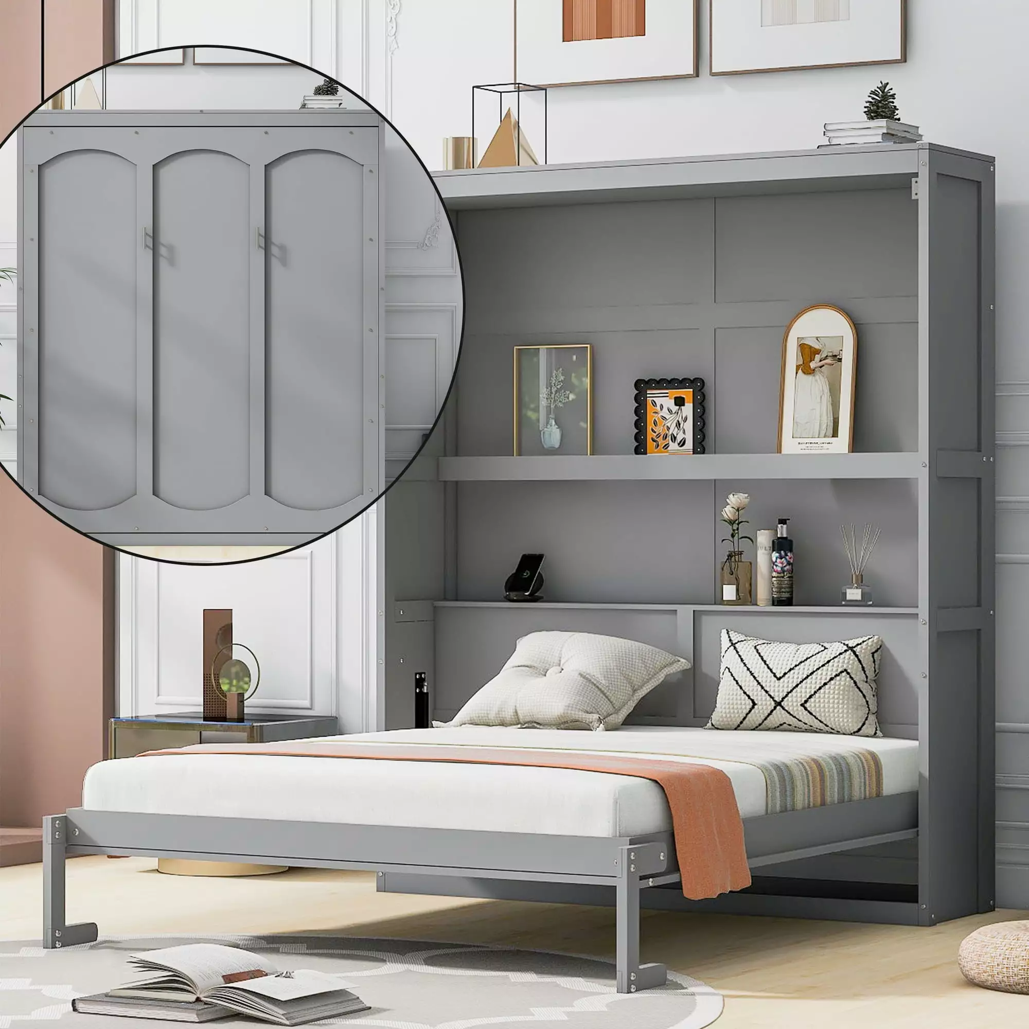 Bellemave Queen Murphy Bed 68 Inch Wall Bed Foldable Cabinet Platform Bed Gray