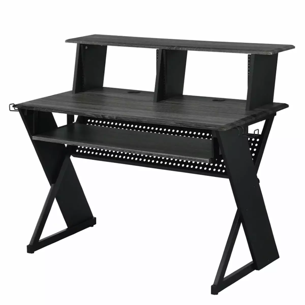Tin 47 Inch Gray Wood Music Desk Keyboard Tray and Shelves - Saltoro Sherpi