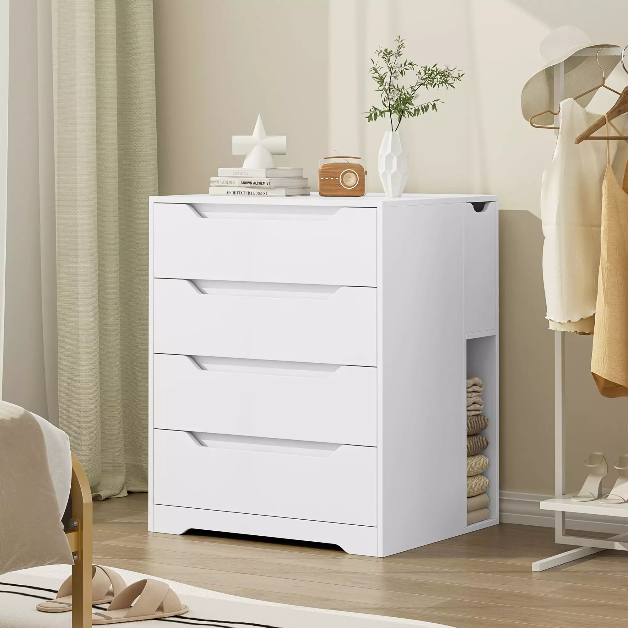 Homfa Dresser 4 Drawers Flip Top - Space-saving Nightstand Dresser Chest Side Storage Bedroom Living Room - White