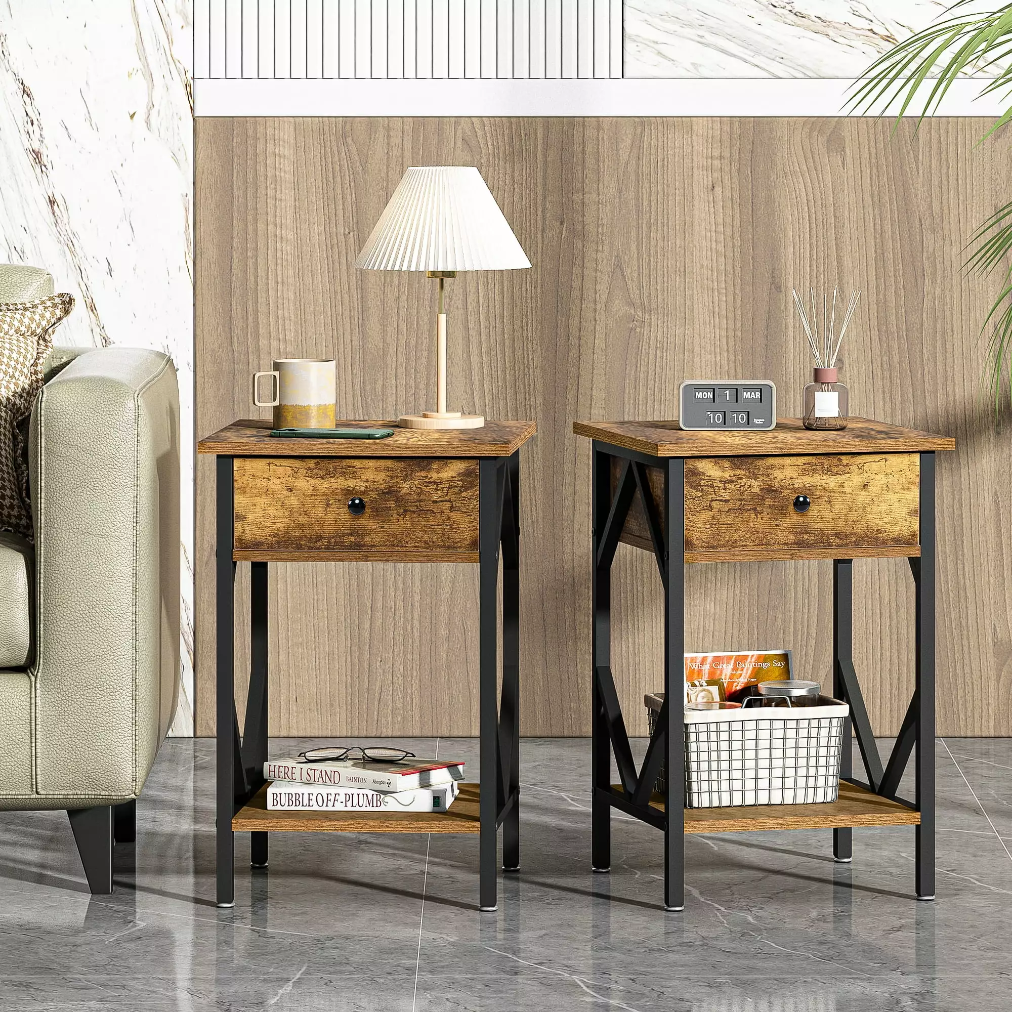 Kadyn Nightstand Set 2 - Bedside Table End Table Drawer Storage Shelf and Metal Frame Living Room Bedroom - Rustic Brown