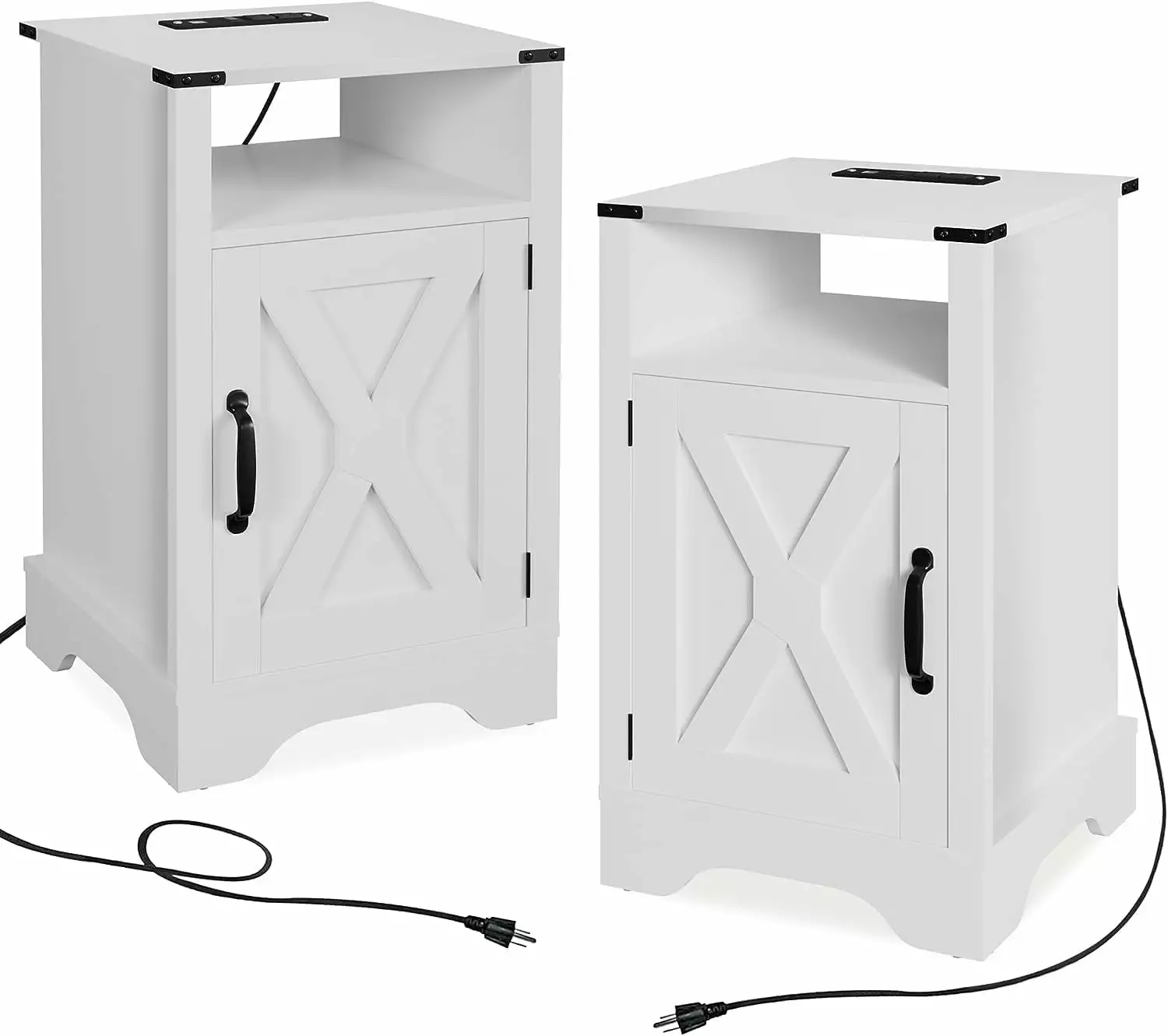 RoyalCraft White Nightstand Set 2 Farmhouse Bedside Table Charging Station Wooden Rustic End Table Large Storage Cabinets