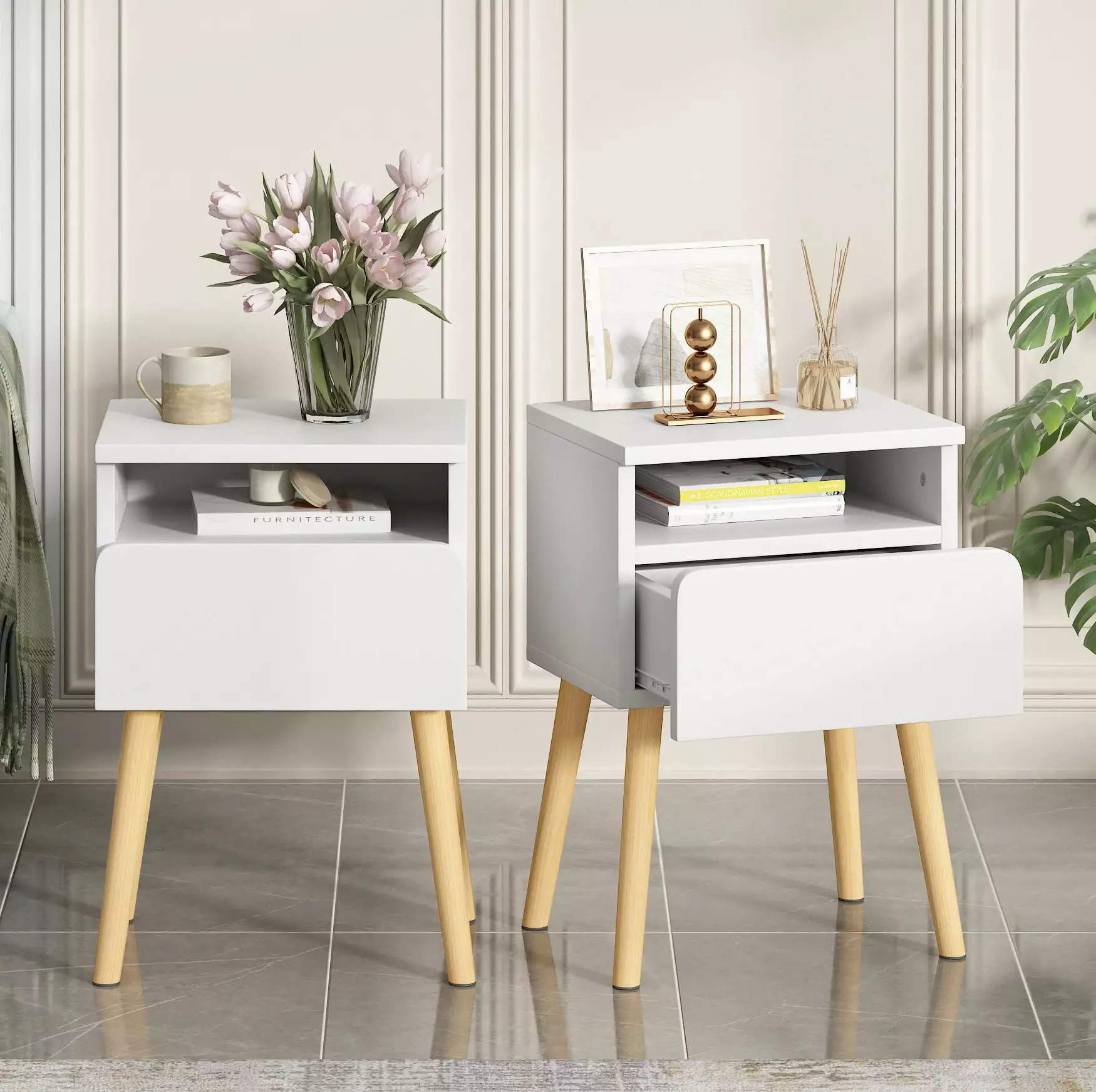 SYNGAR 2PCS End Table Set Modern Nightstand Drawers Bedroom or Living Room White