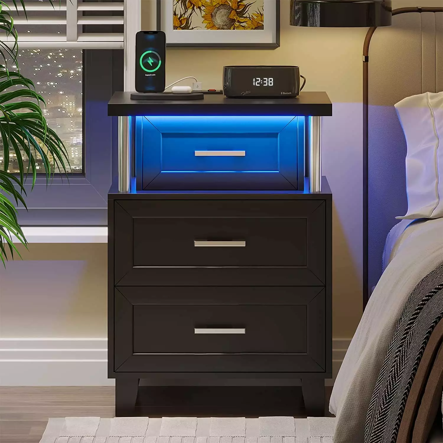 AOGLLATI Nightstand Charging Station and LED Lights Black 3 Drawer Bedside Table