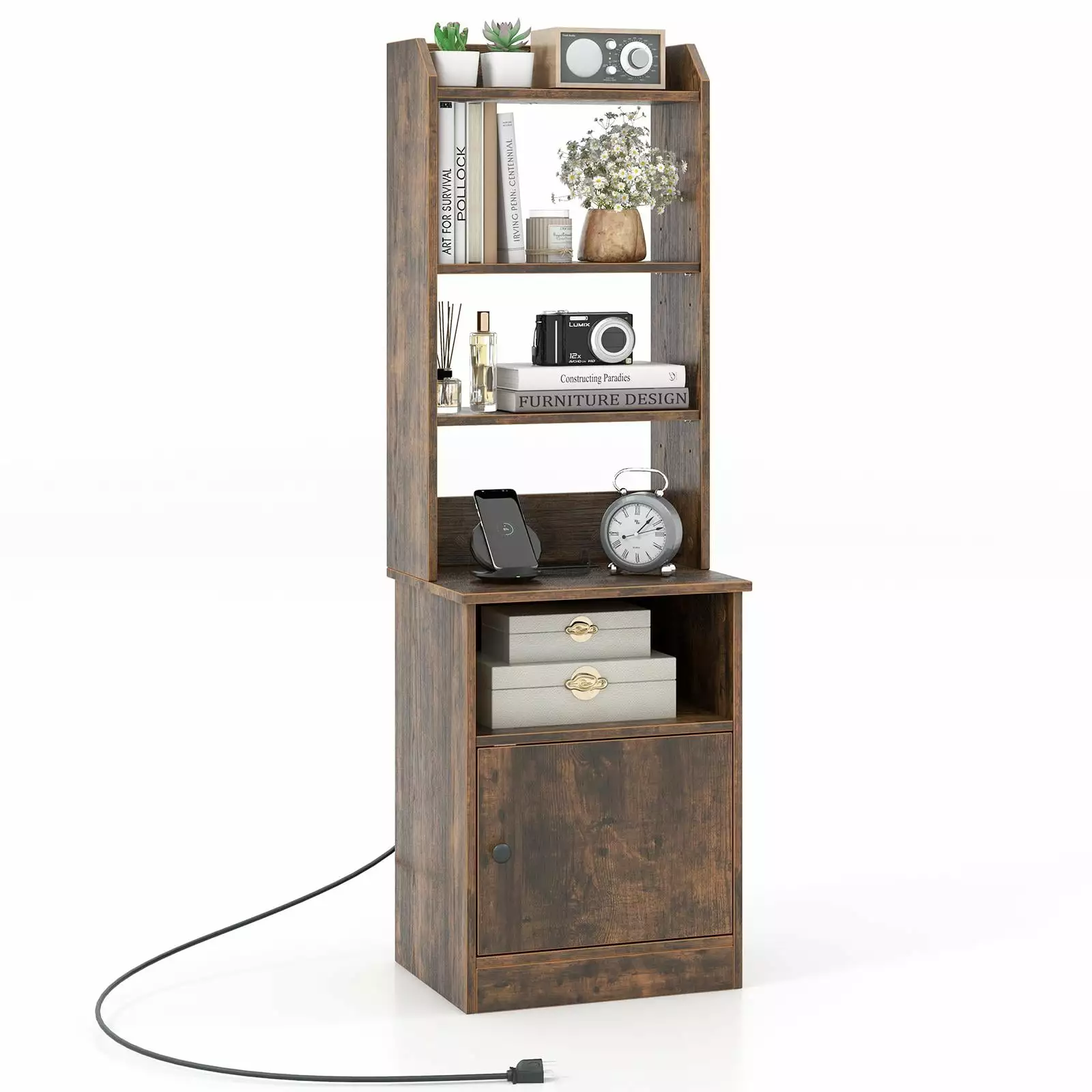 Giantex Nightstand Charging Station Tall Bedside Table Adjustable Shelves Brown