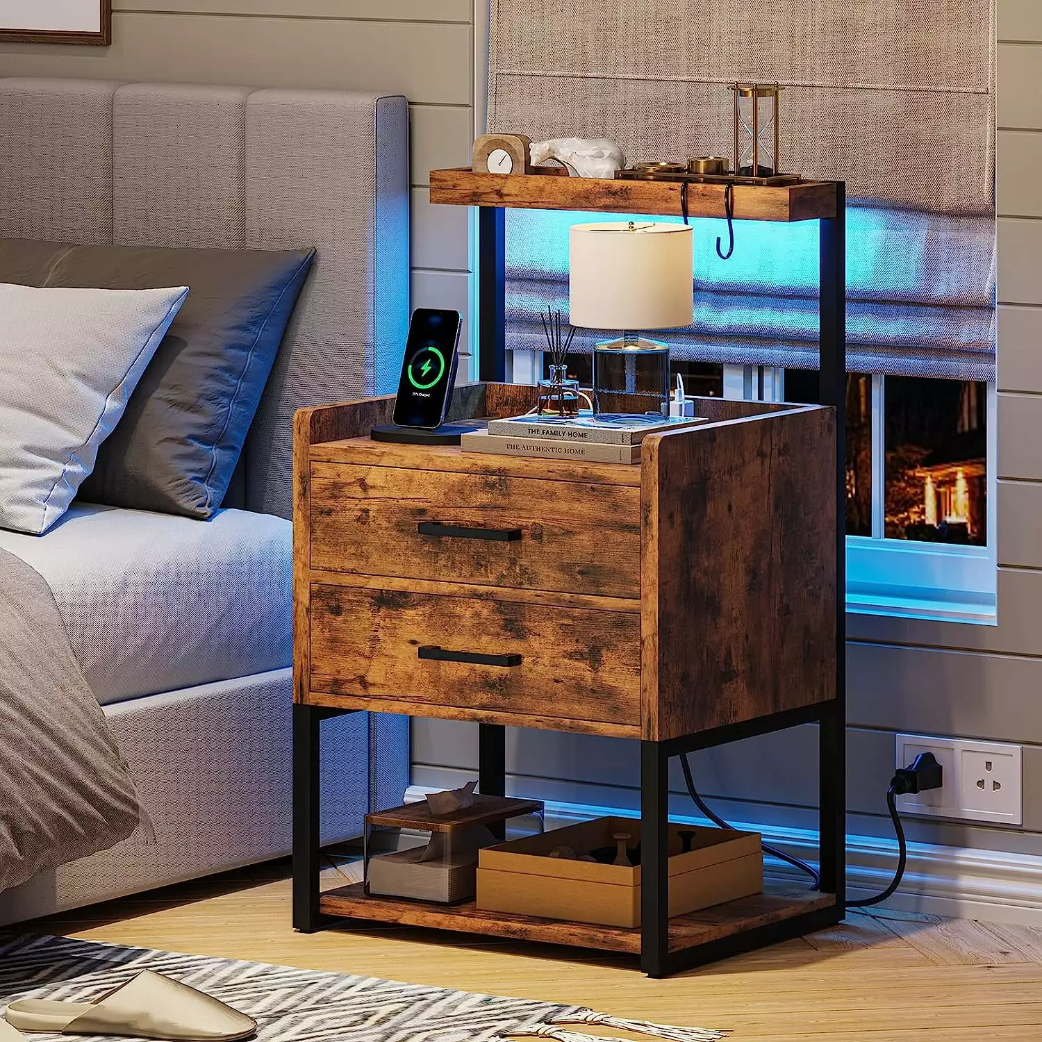 AOGLLATI Nightstand LED Lights and Charging Station - 2 Drawers Bedside Table USB Ports and Outlets - Rustic Brown Bedroom...