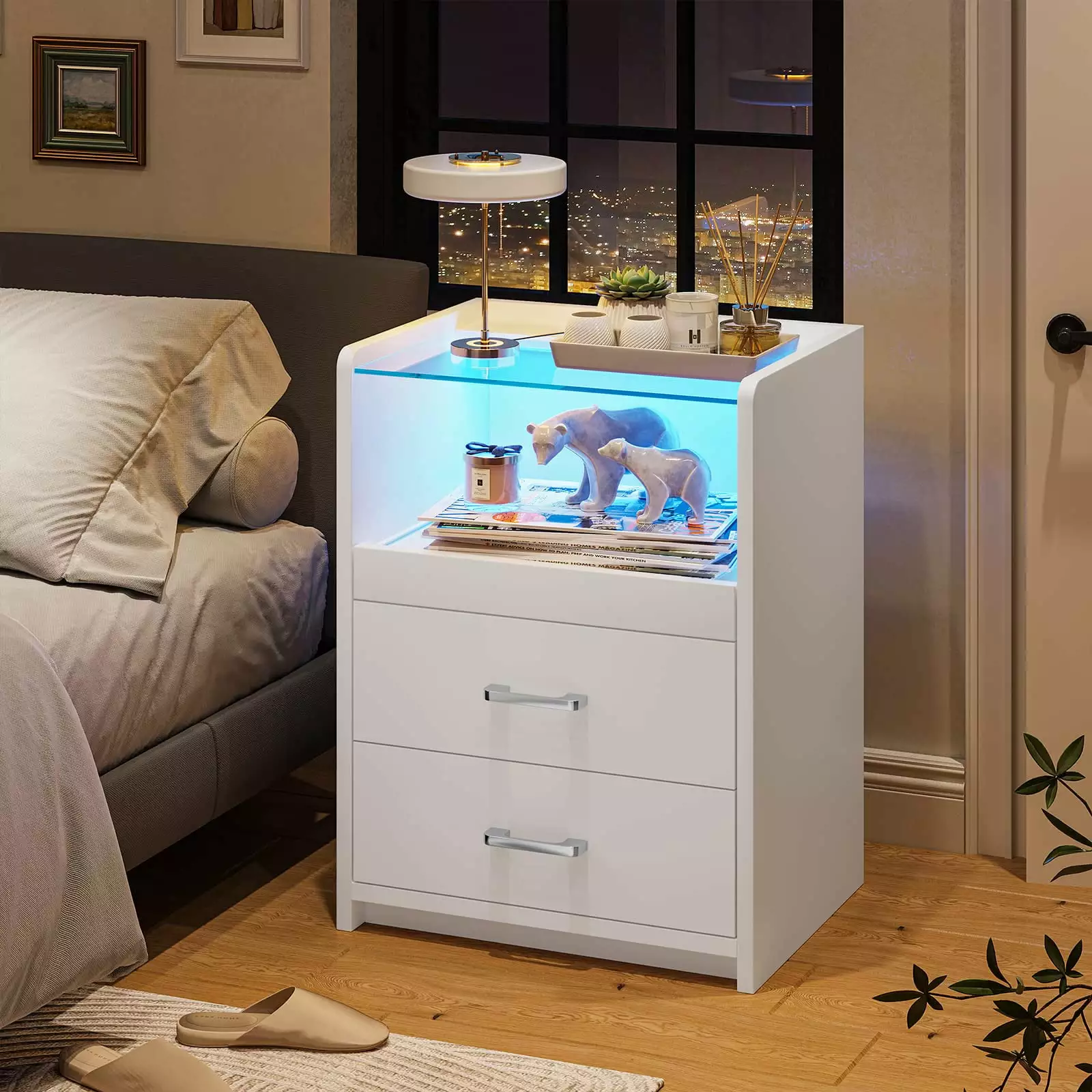 AOGLLATI White Nightstand Charging Station LED Lights Glass Top and Drawers