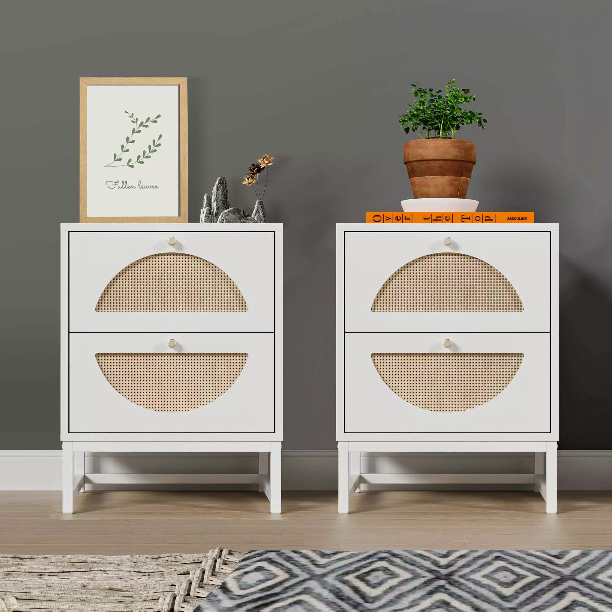 Aukfa Rattan Nightstand Set 2 Side Tables Storage Drawer White