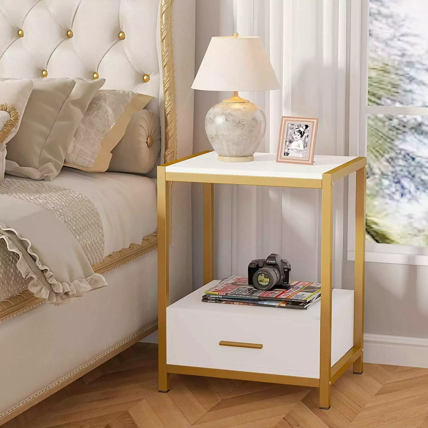 White and Gold Nightstand Drawer and Storage Shelf, Modern Bedside Table, Glossy Finish Bed Bath & Beyond