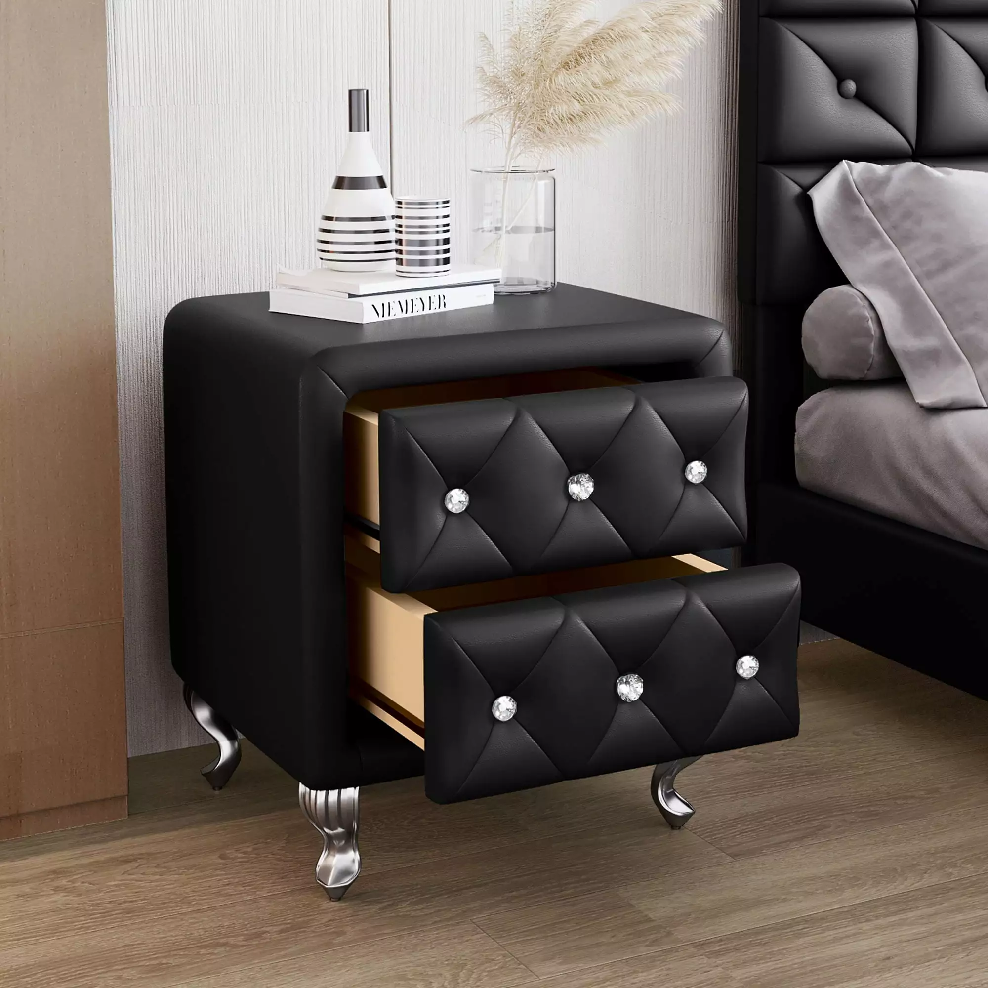 Bellemave Elegant PU Nightstand 2 Drawers and Crystal Handles No Assembly Required Black