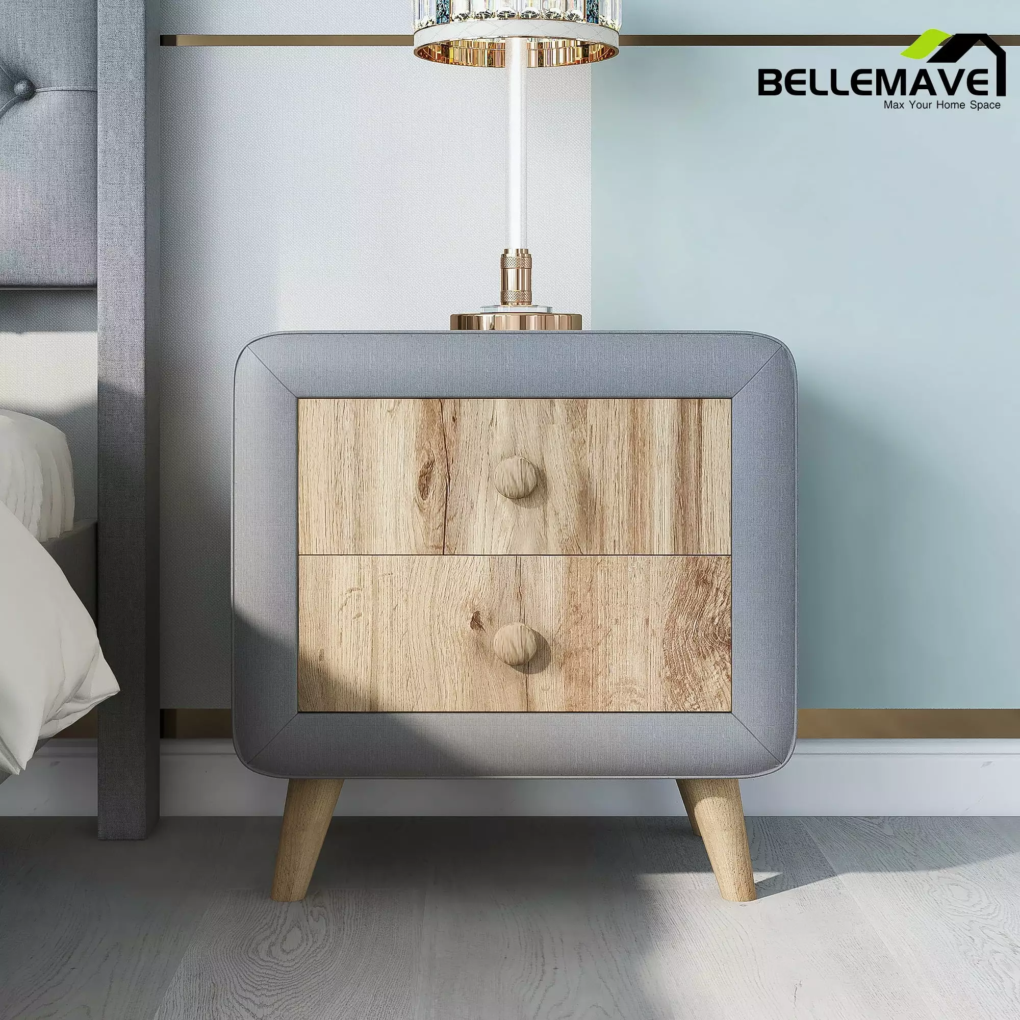 Bellemave Gray Linen Fabric Upholstered Wooden Nightstand 2 Drawers Bedroom
