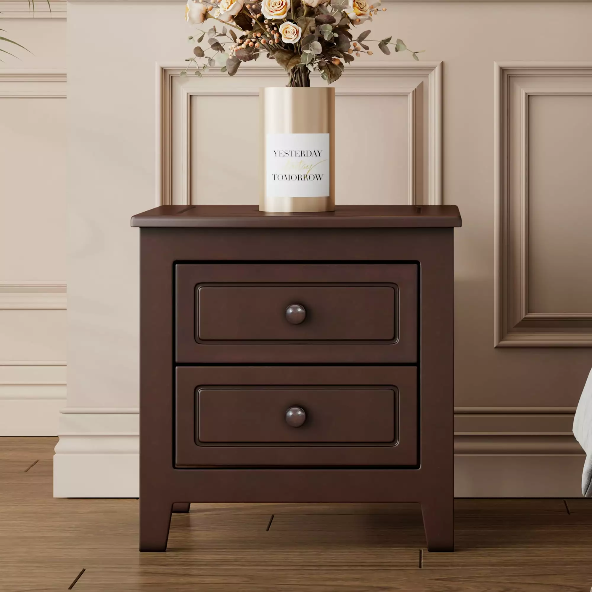 Bellemave Mid Century Modern Nightstand - 2-Drawer Bedside Table - Dark Walnut Brown - Retro Style