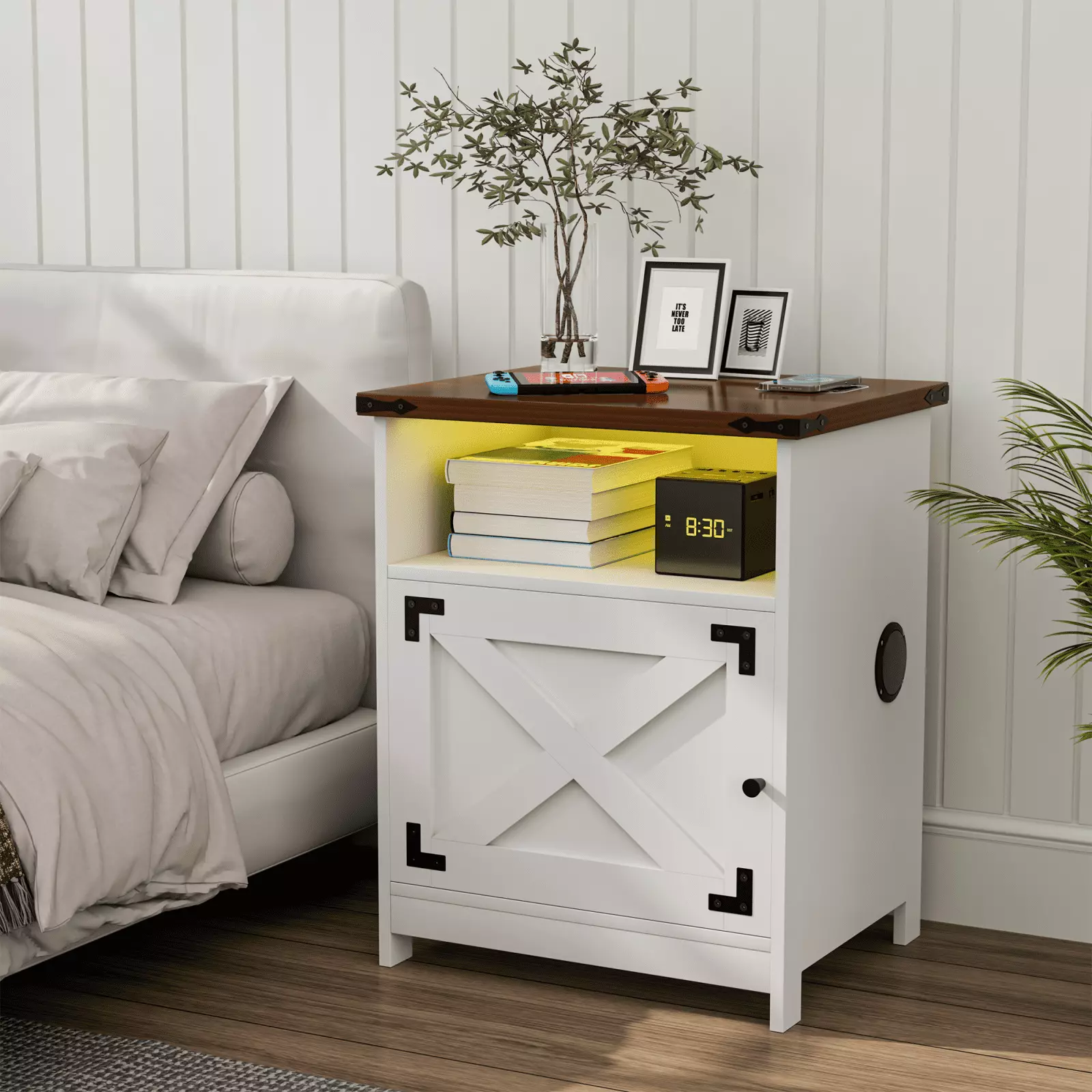 Belord Farmhoutilize LED Wood Nightstand Wireless Charging USB Type-C Ports Built- Speaker