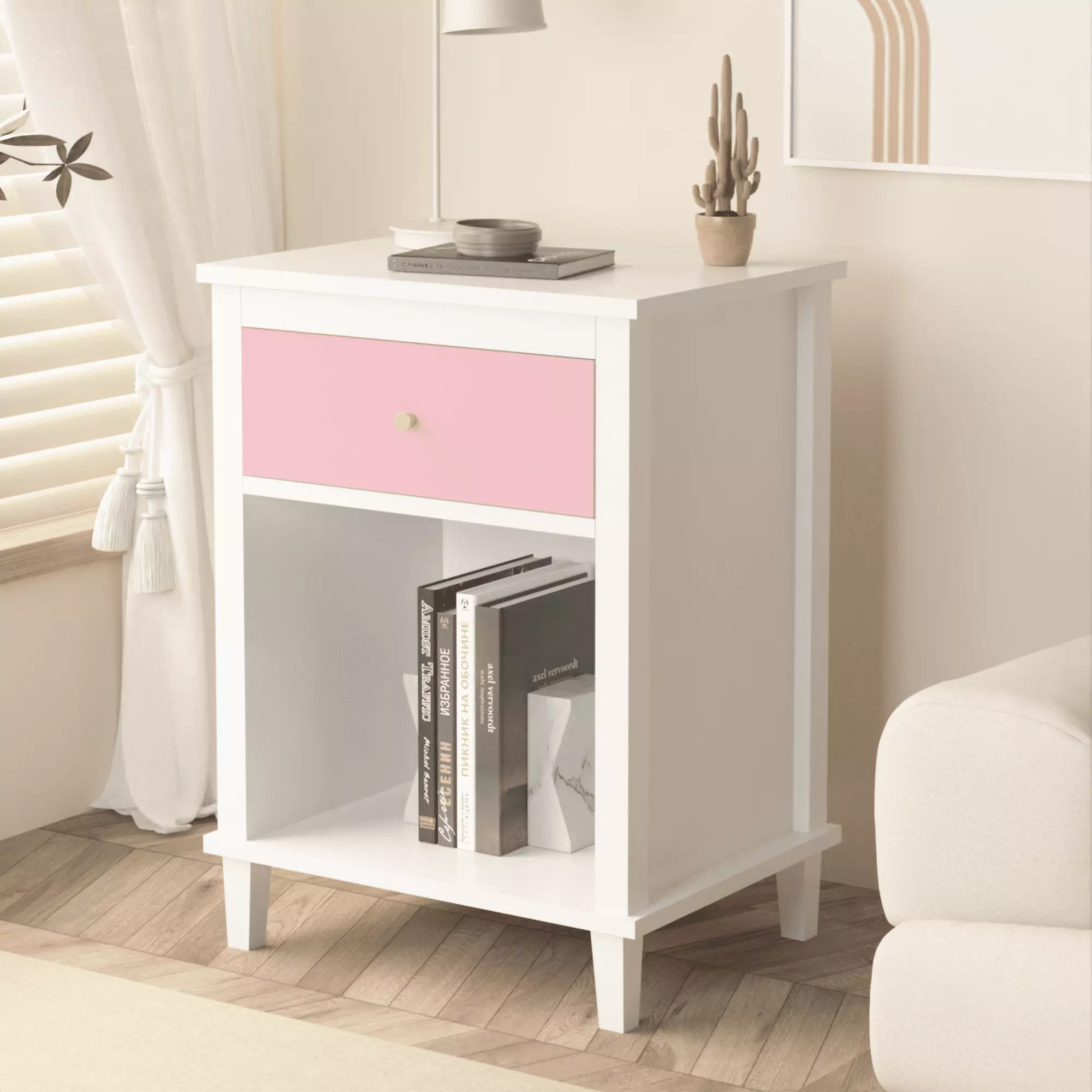 Wooden Nightstand One Drawer One Shelf Modern Bedside Table Pink Bianlte
