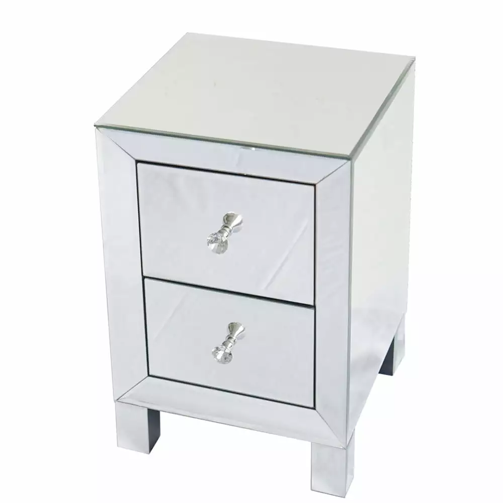 Bluethy Mirror Two Drawer Bedside Table Silver Contemporary Nightstand