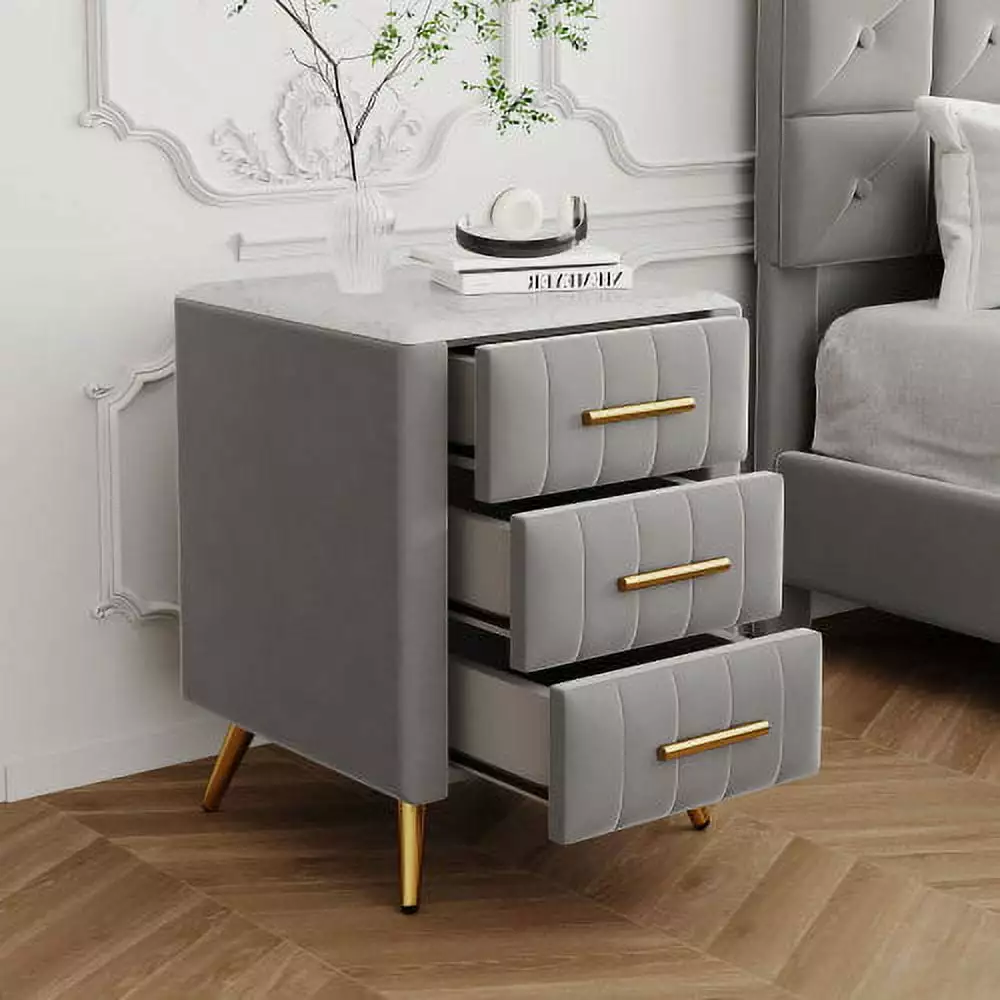 CITYLE Upholstered Nightstand 3 Drawers, Metal Legs and Handles, Fully Assembled Wooden Bedside Table Marbling Worktop - B...