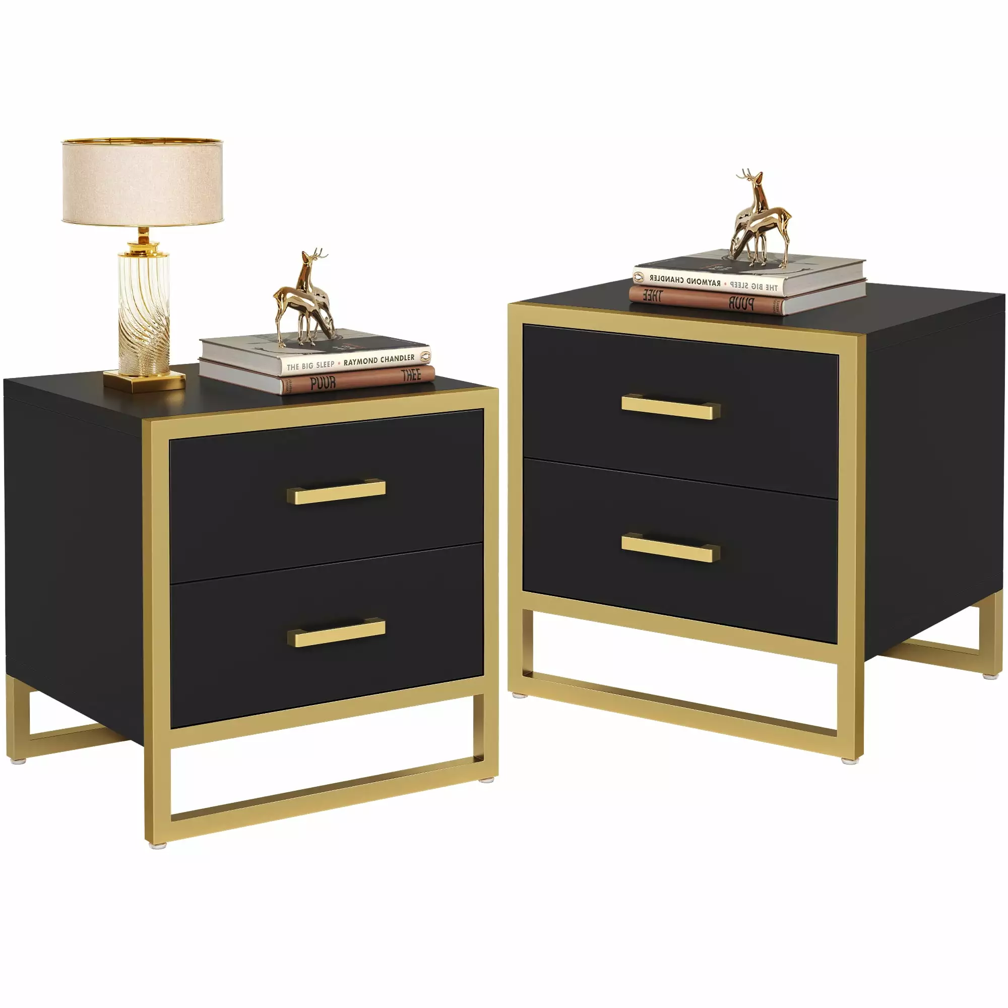Dextrus Mid-Century Modern Nightstand Set 2 Drawers Black
