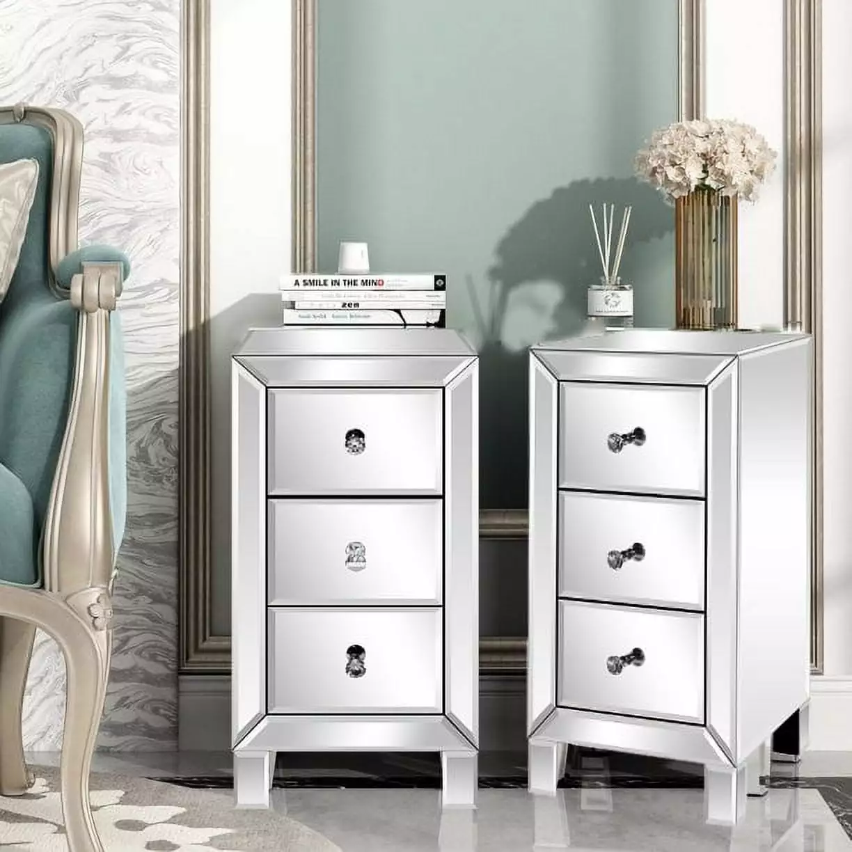 UBesGoo Set 2 Mirrored 3-Drawer Nightstand Bedside Table End Table Hollywood Regency Glamour Style Silver FCH