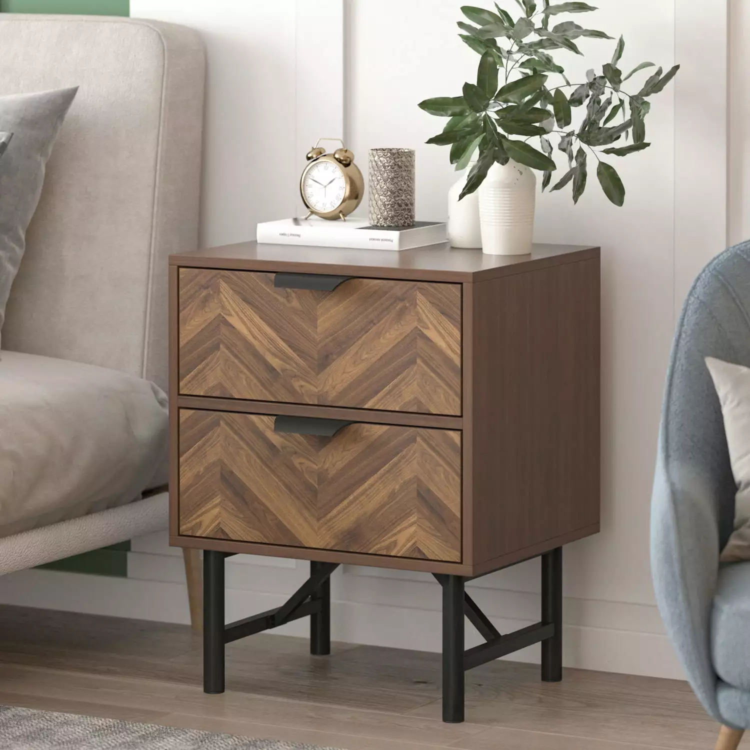 End Side Table Nightstand Storage Drawer - Modern Double Drawer Bedside Cabinet Bedroom FUFU & GAGA