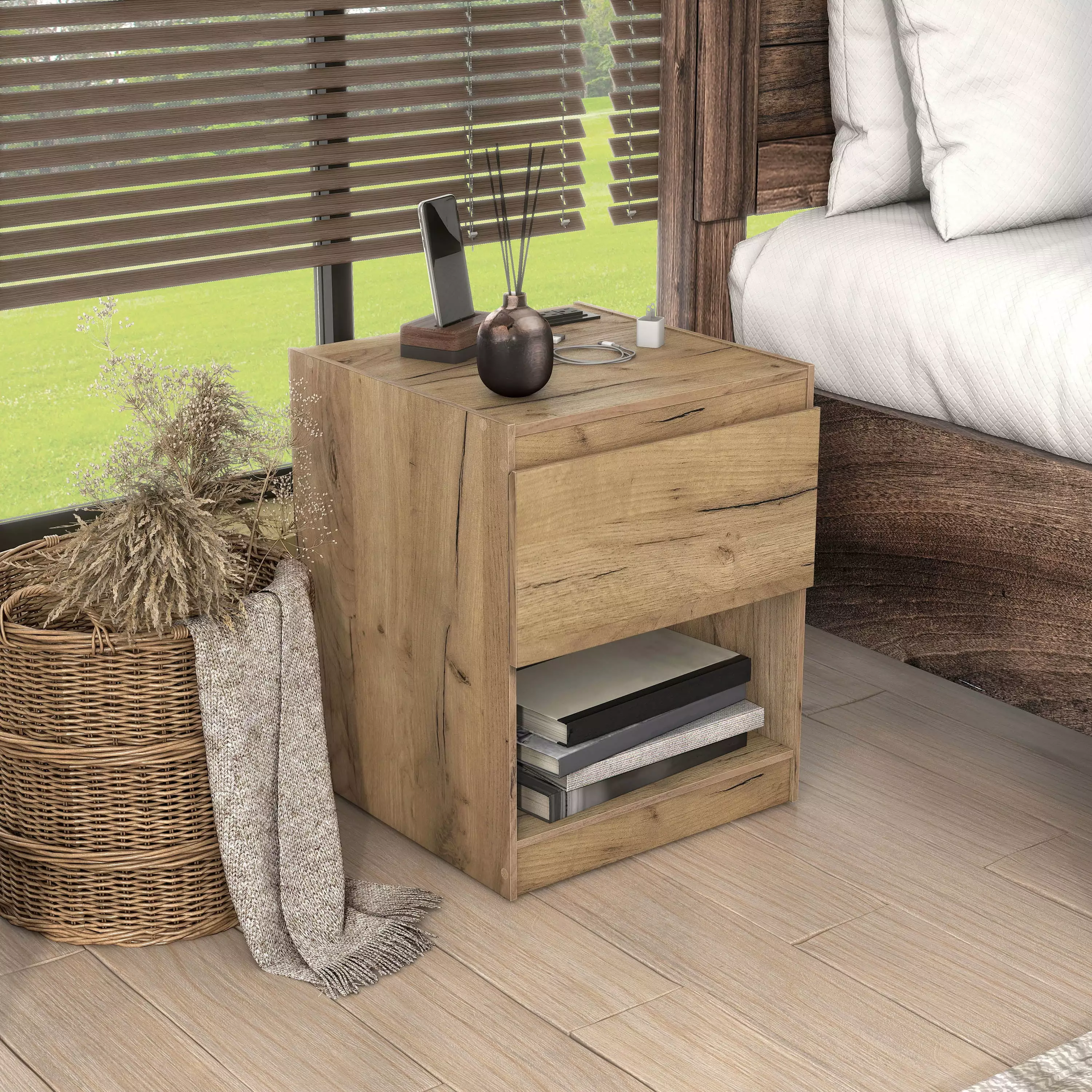 Furniture America Freen 1-Drawer and 1-Shelf Wood Light Oak Nightstand USB Socket