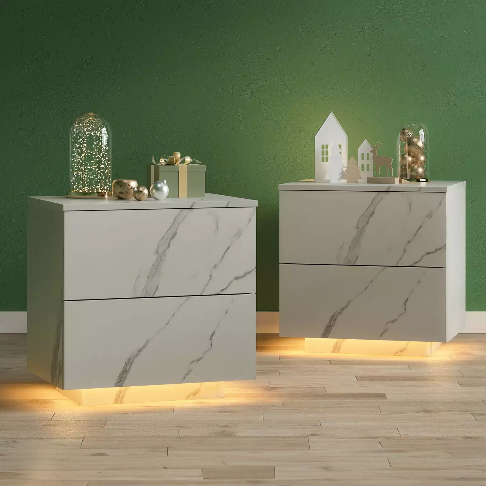 Set 2 Nightstand RGB LED Lights Modern Bedside Table 2 Drawers 19.7 x 15 x 19.7 Inches Generic