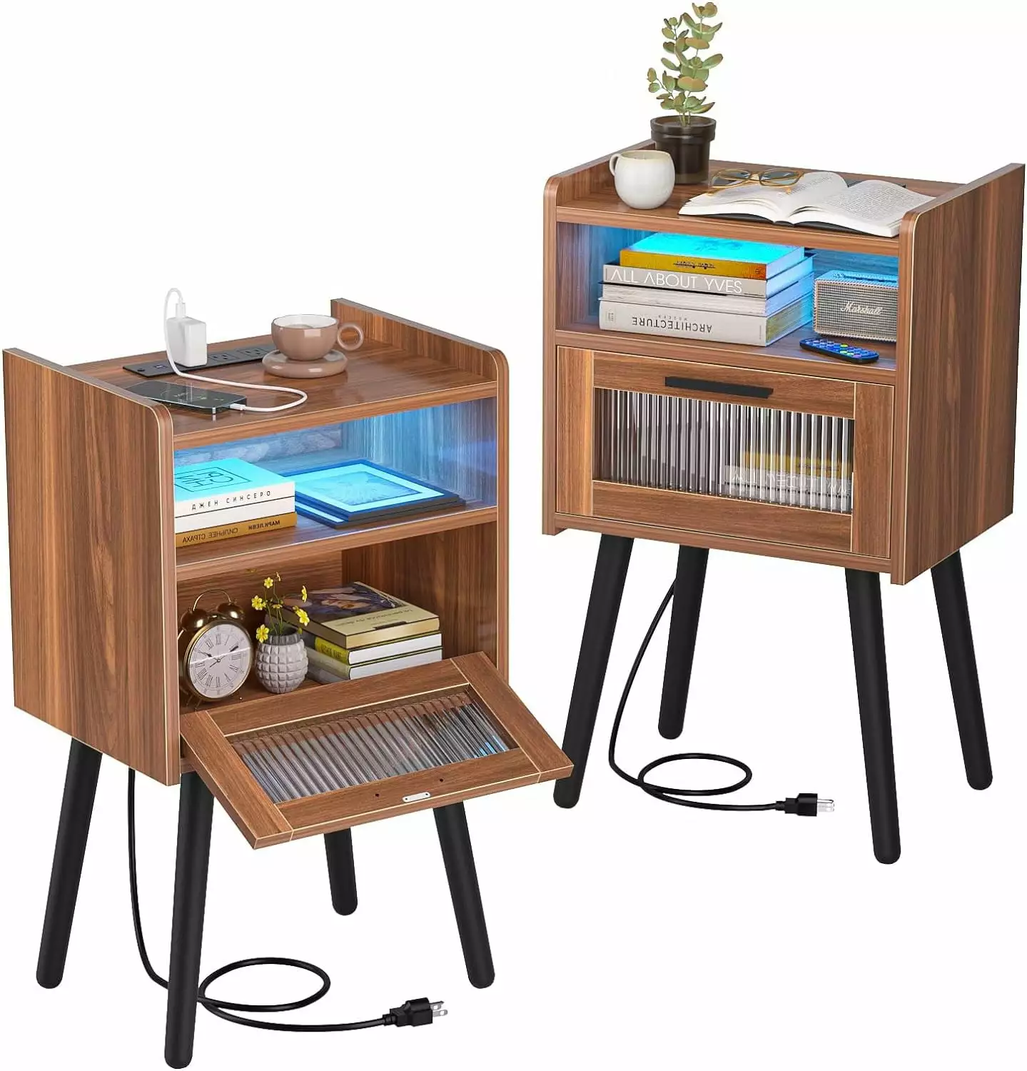 HAIOOU Set 2 Mid Century Nightstand Charging Station Walnut