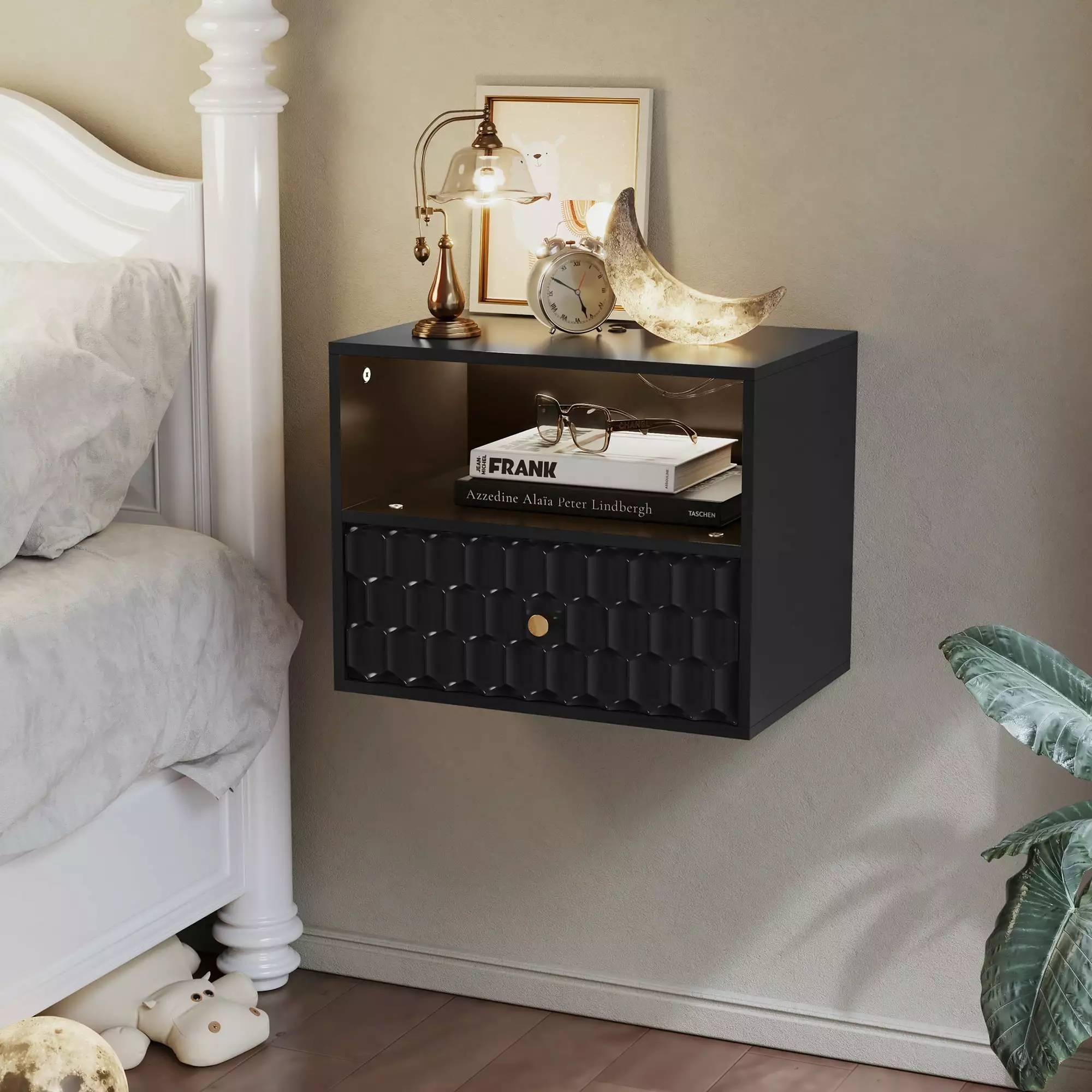 HLR Black Floating Nightstand Modern Sturdy Bedside Table Light and One Drawer