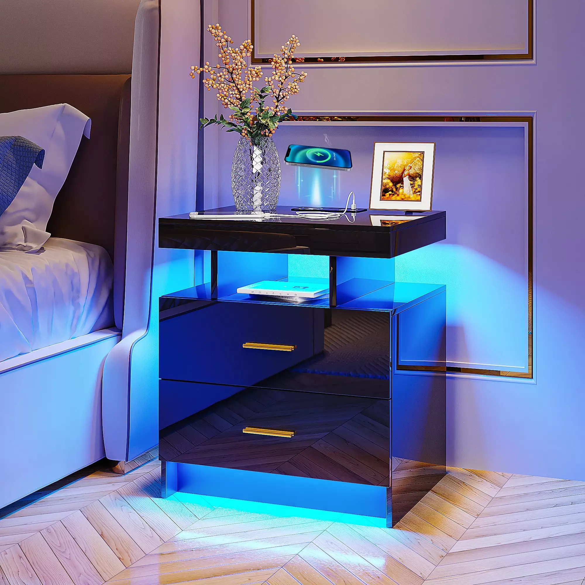 HNEBC Auto LED Nightstand Wireless Charging Station USB Ports High Gloss Bedside Tables 2 Drawers
