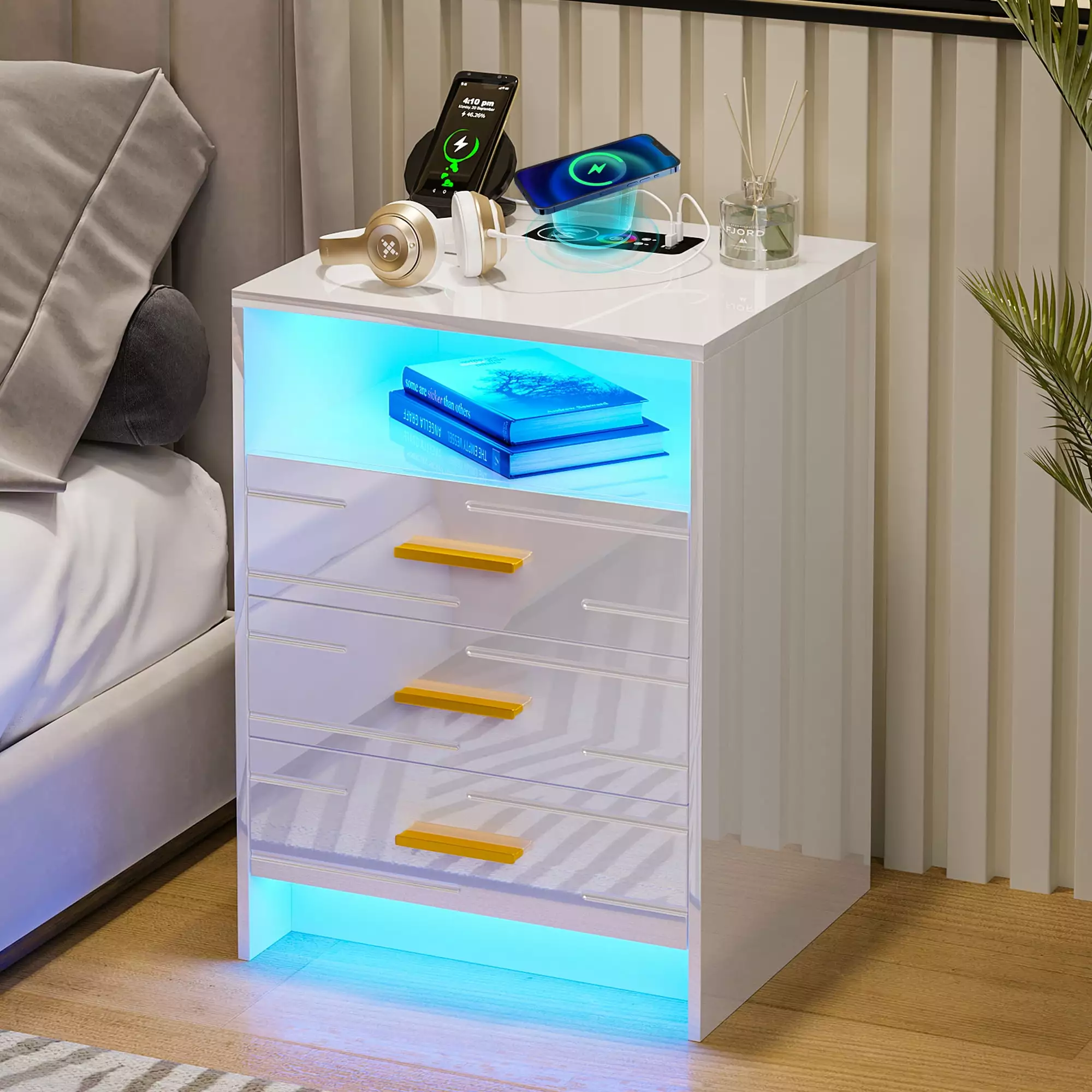 HNEBC High Gloss White LED Nightstand Wireless/USB/Type-C Charging Station - 3 Drawers - Intelligent Bedside Table