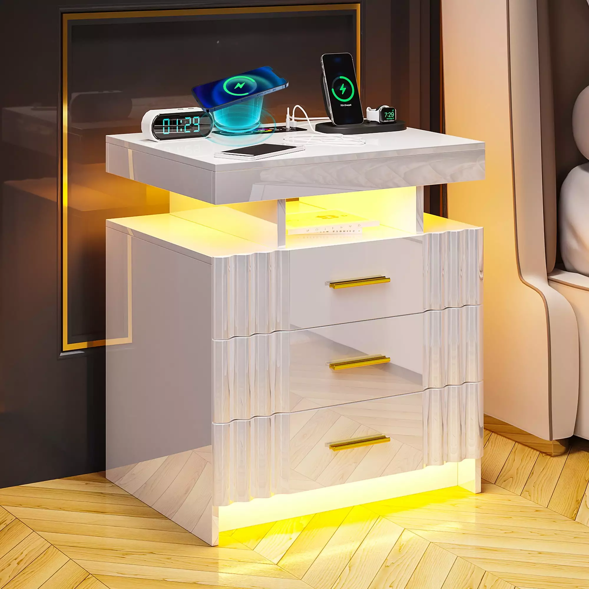 HNEBC LED Nightstand Auto Sensor - 24 Light Colors - USB/Type-C/Wireless Charging - 3 Drawers - White