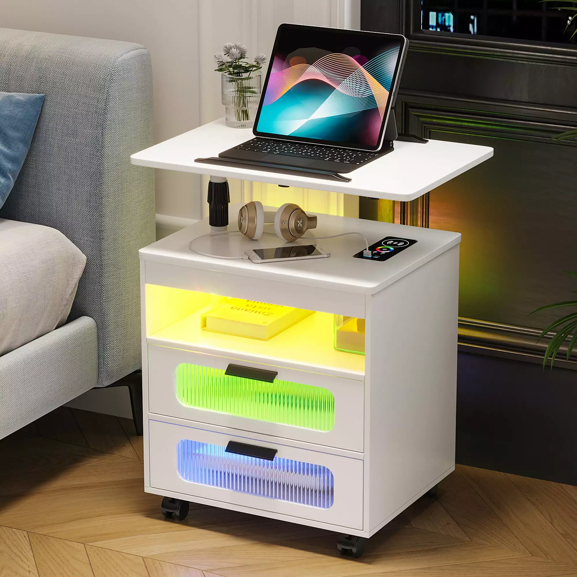 HNEBC Modern LED Nightstand RGB Lights - Wireless Charging Station - Adjustable Rotary Table - White