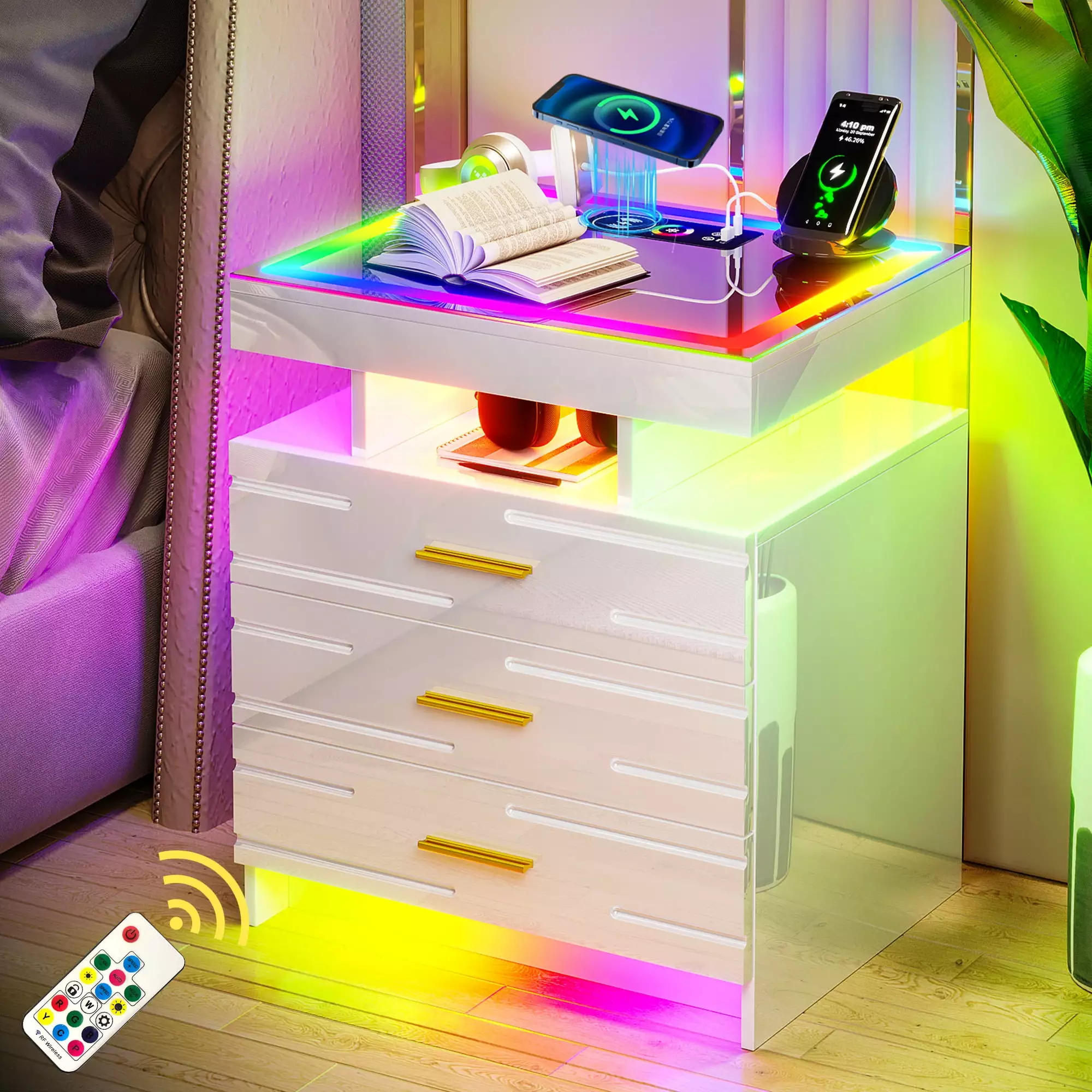 HNEBC RGB LED Nightstand Charging Station and Touch Screen Glass