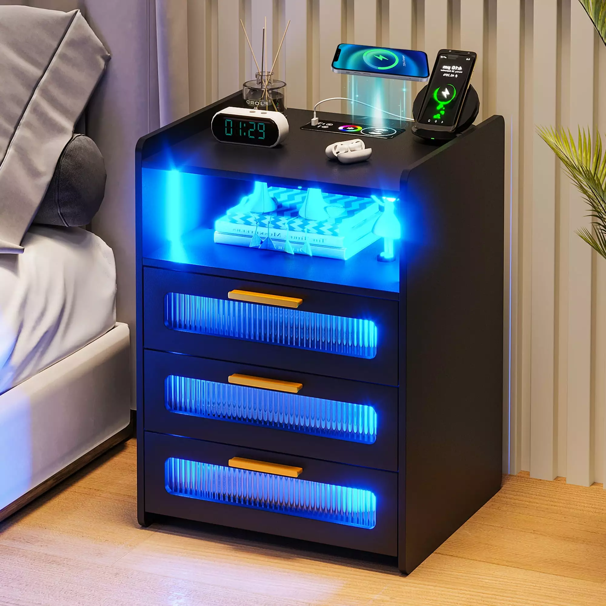 HNEBC RGB LED Nightstand Wireless Charging Station Modern Bedside Table 3 Drawers