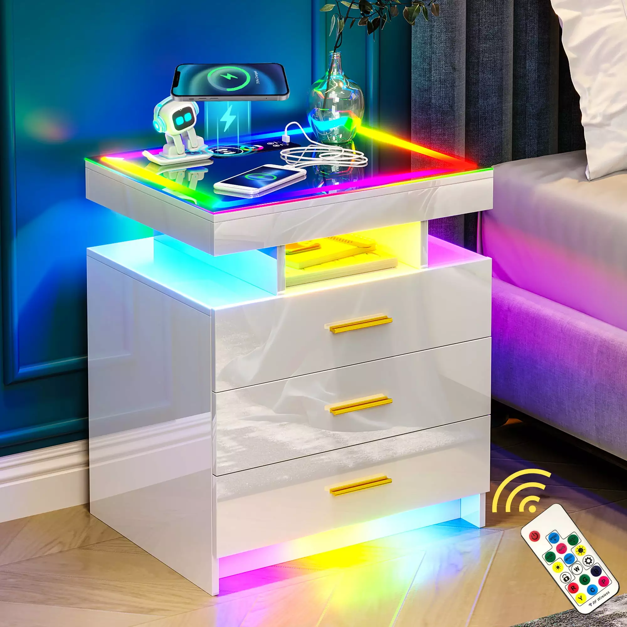 HNEBC White LED Nightstand Mirror Top Plate Intelligent Bedside Table Charging Station USB Type C Wireless Charging Auto S...