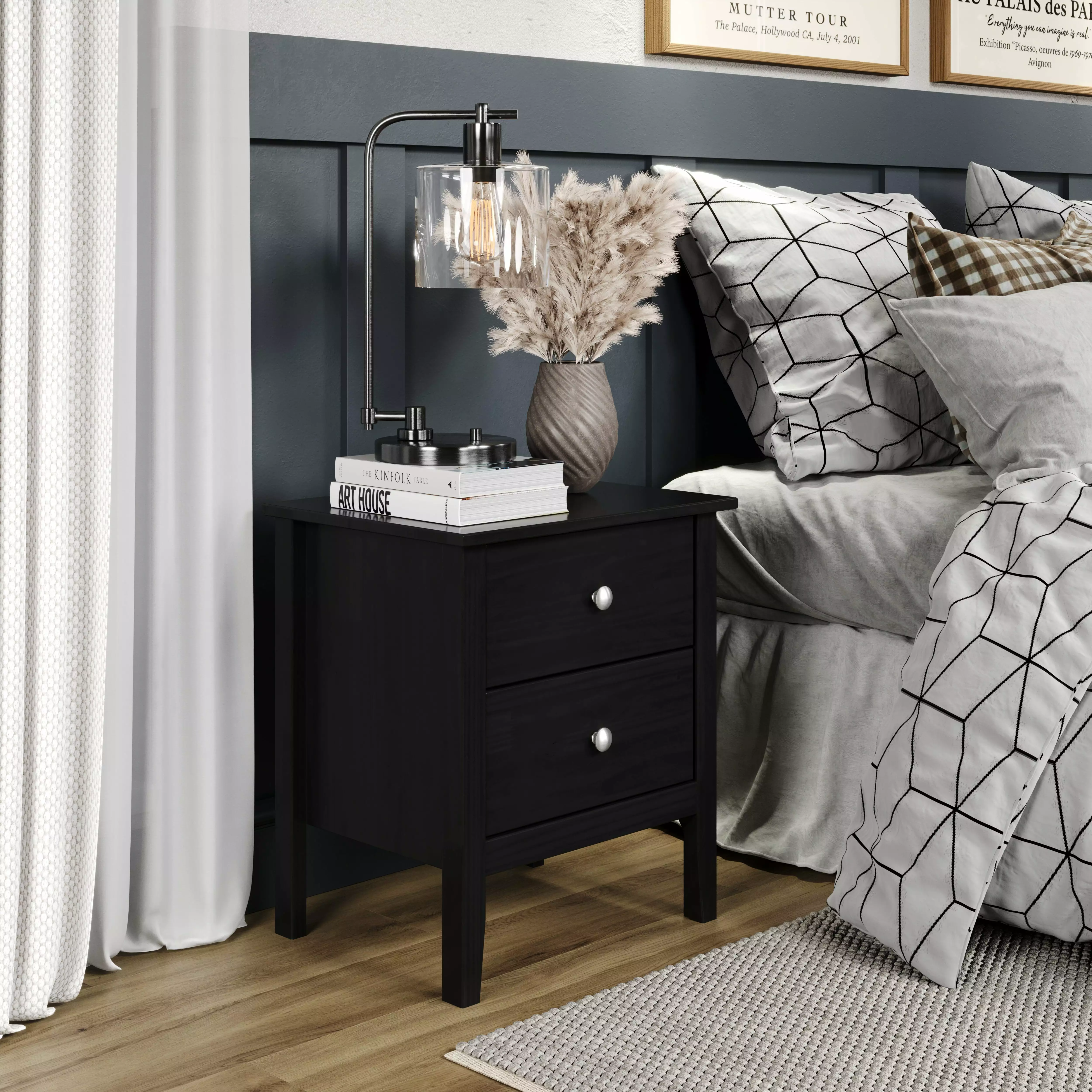 Home Source 23 Elegant Solid Pine 2 Drawer Night Stand Modern Bedside Table Black