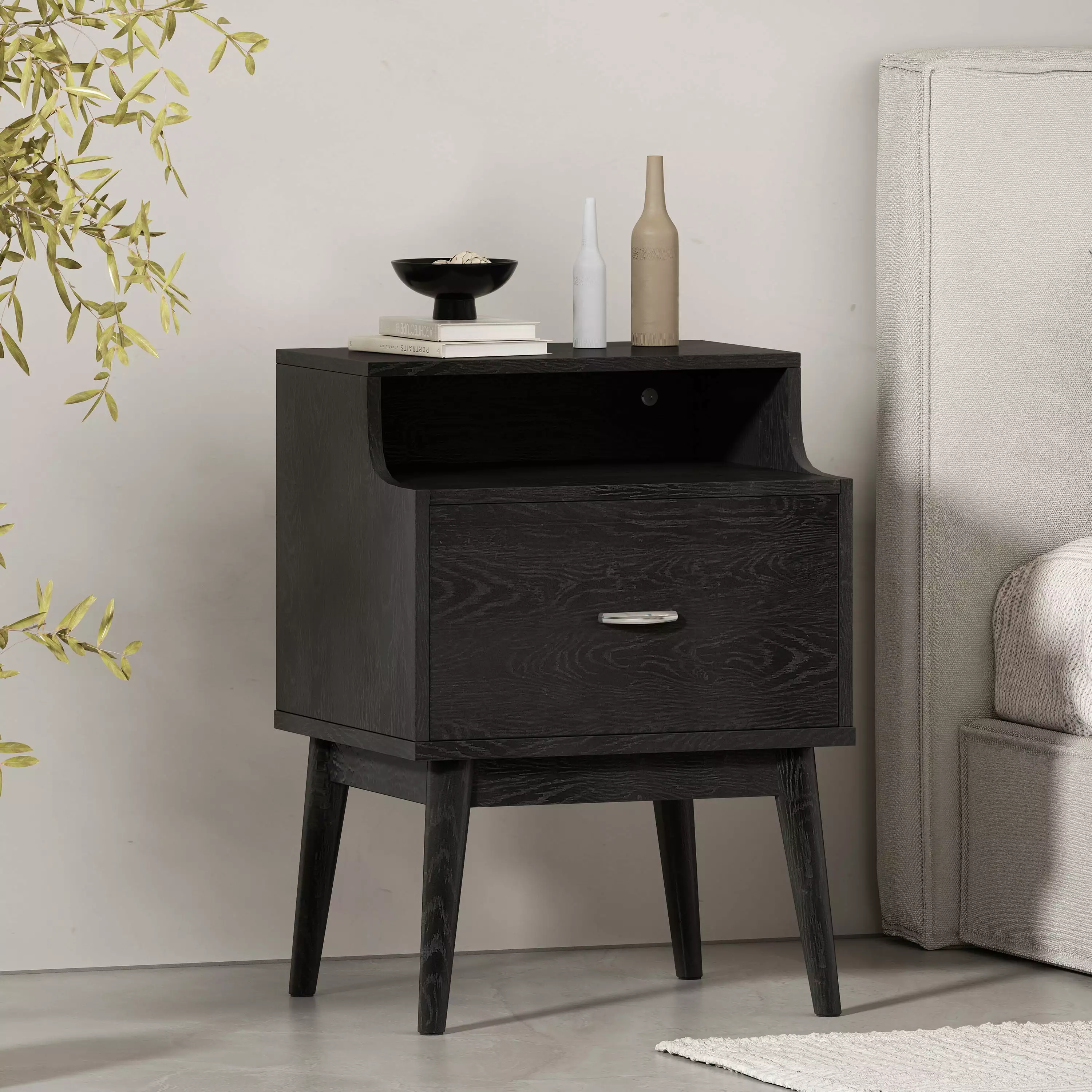 Drawer Nightstand Hutch Faux Wood Finish Mid-Century Modern Rubberwood Legs HOMXIAOWO
