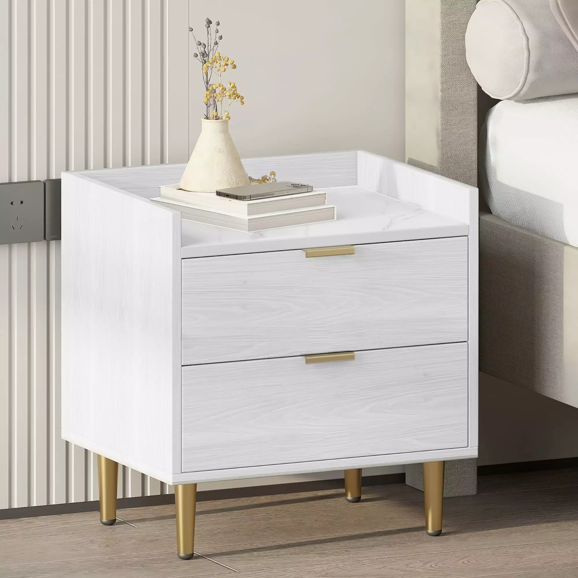 Modern White Wooden Nightstand 2 Drawers and Marble Worktop - Elegant Bedside Table Metal Legs HOMXIAOWO