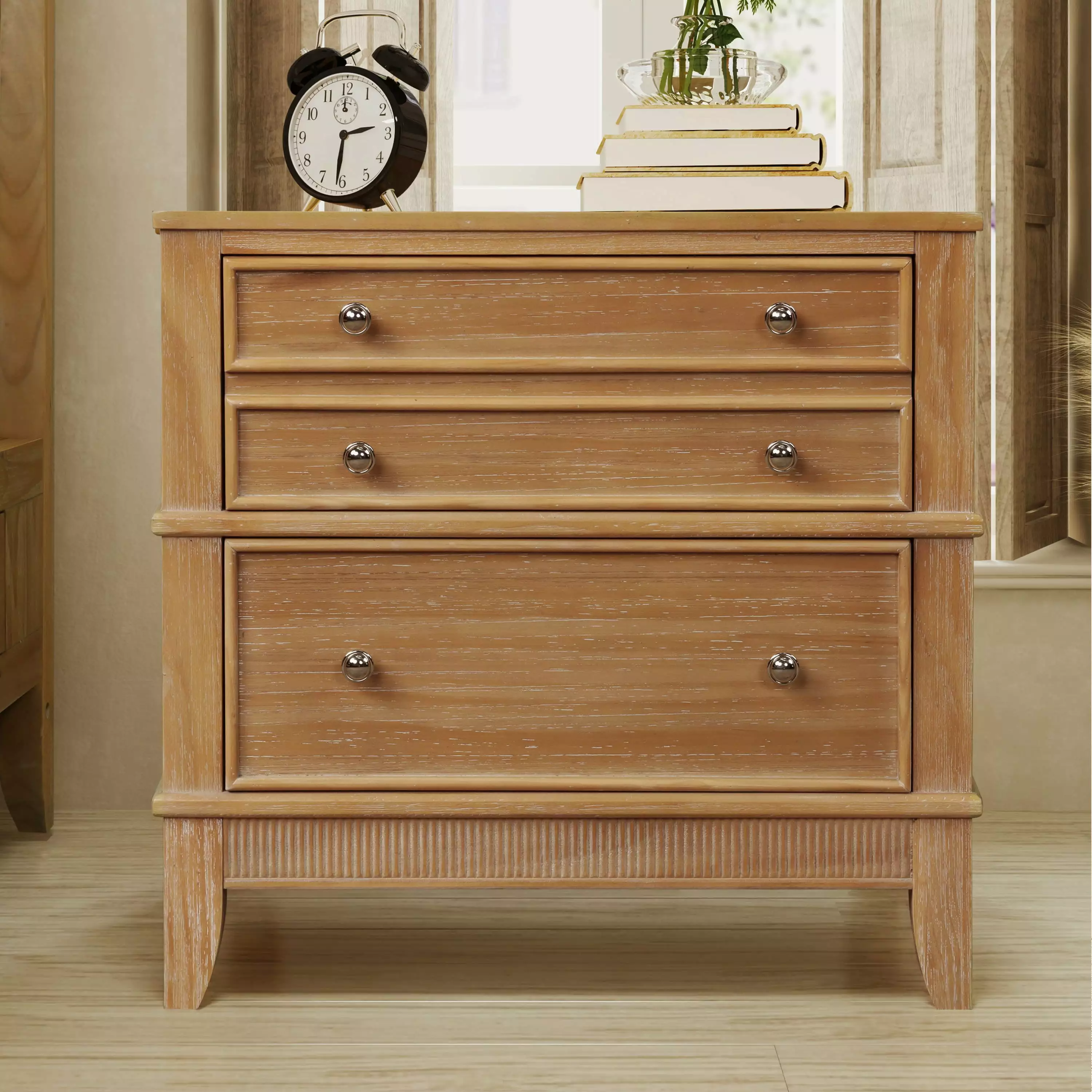 Hazel 3-Drawer Side Table Natural Solid Wood Nightstand Living Room Hallway Entryway Ikuby