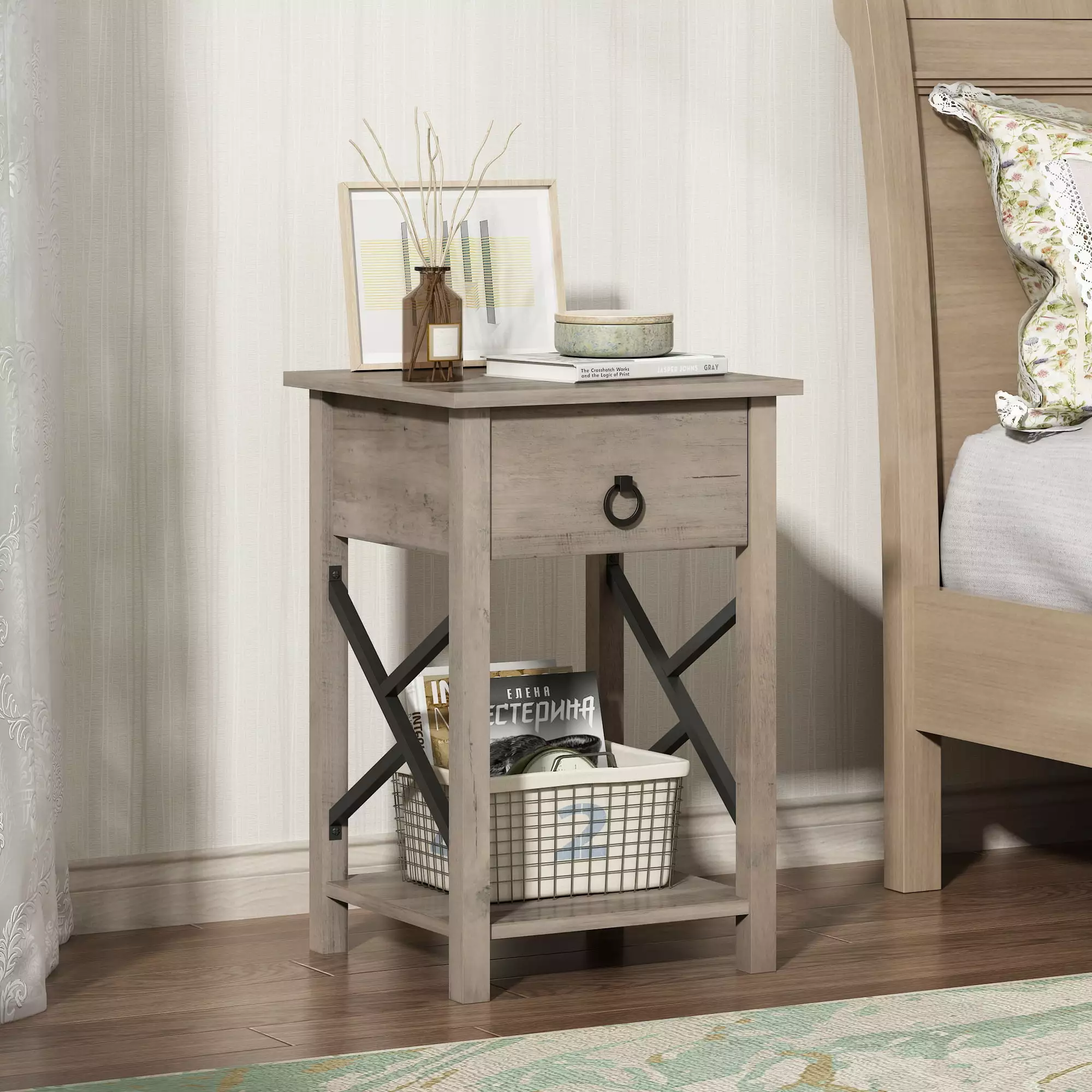 Jaxpety Set 2 Nightstand Farmhouse Side Tables Drawer Taupe