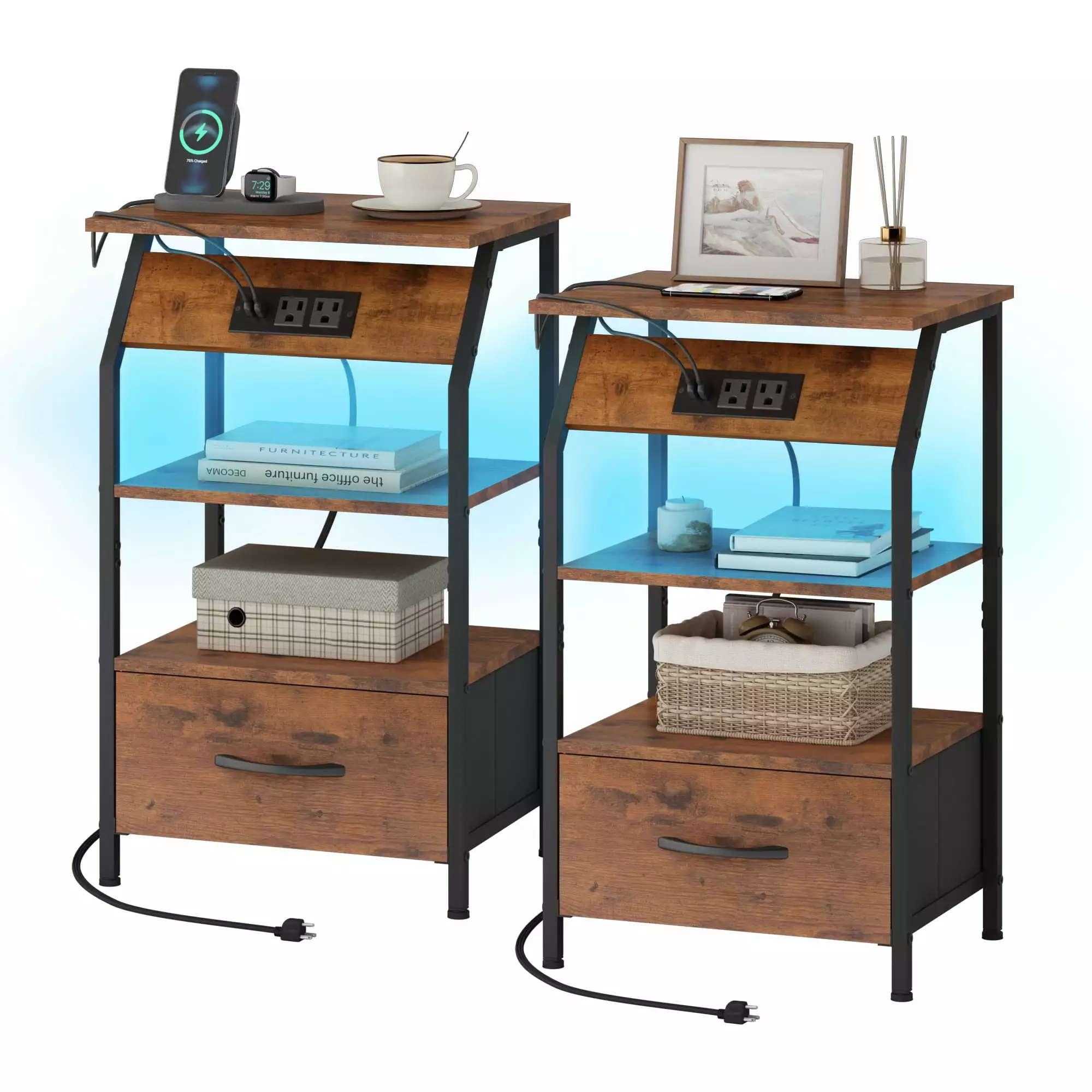 Nightstand Set 2 Charging Station - LED Bedside Table USB Ports, Rustic Brown JAXPETY