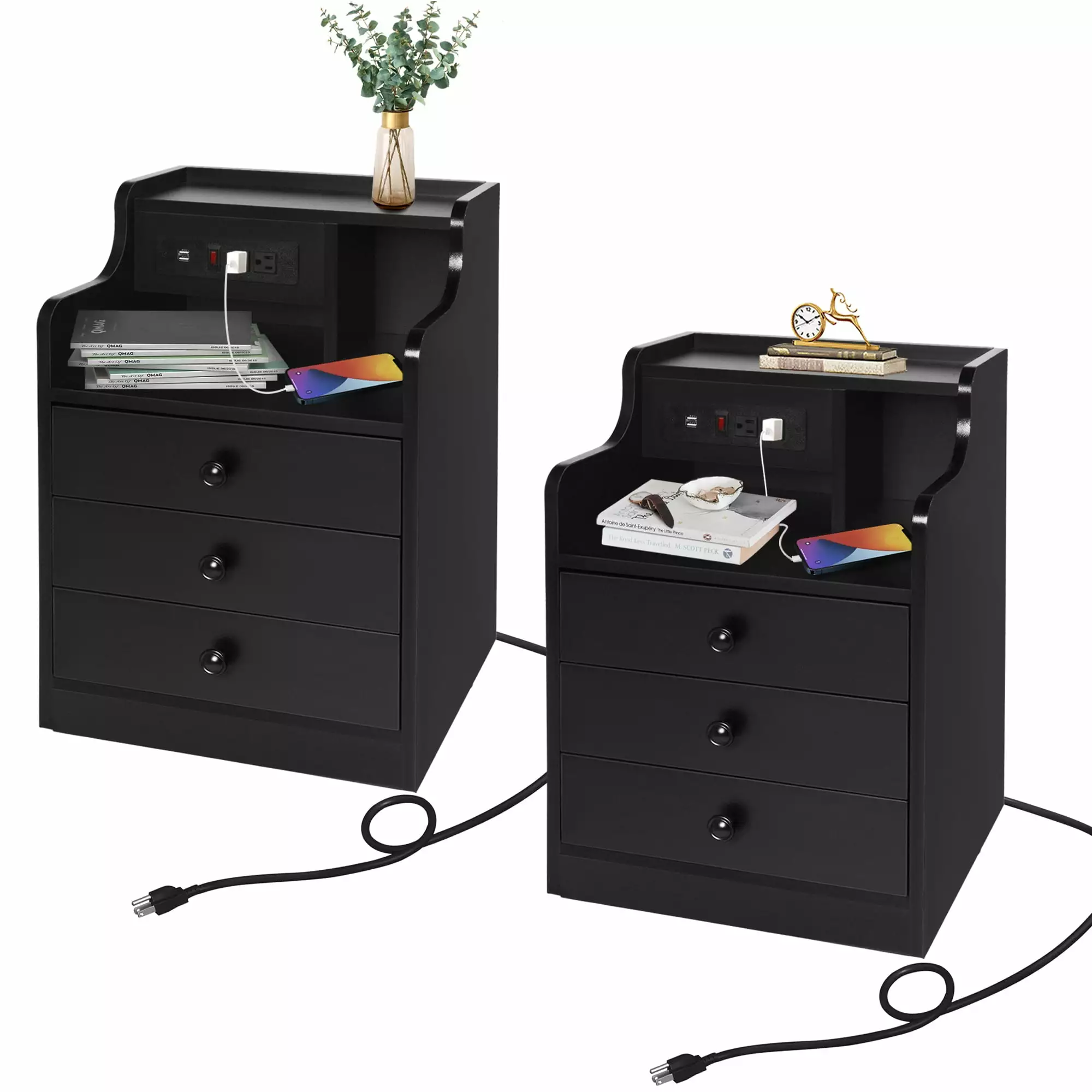 Nightstand Charging Station Black Set 2 Modern 3-Tier End Side Table Storage Drawer and Shelf Bedroom Living Room Karmas P...