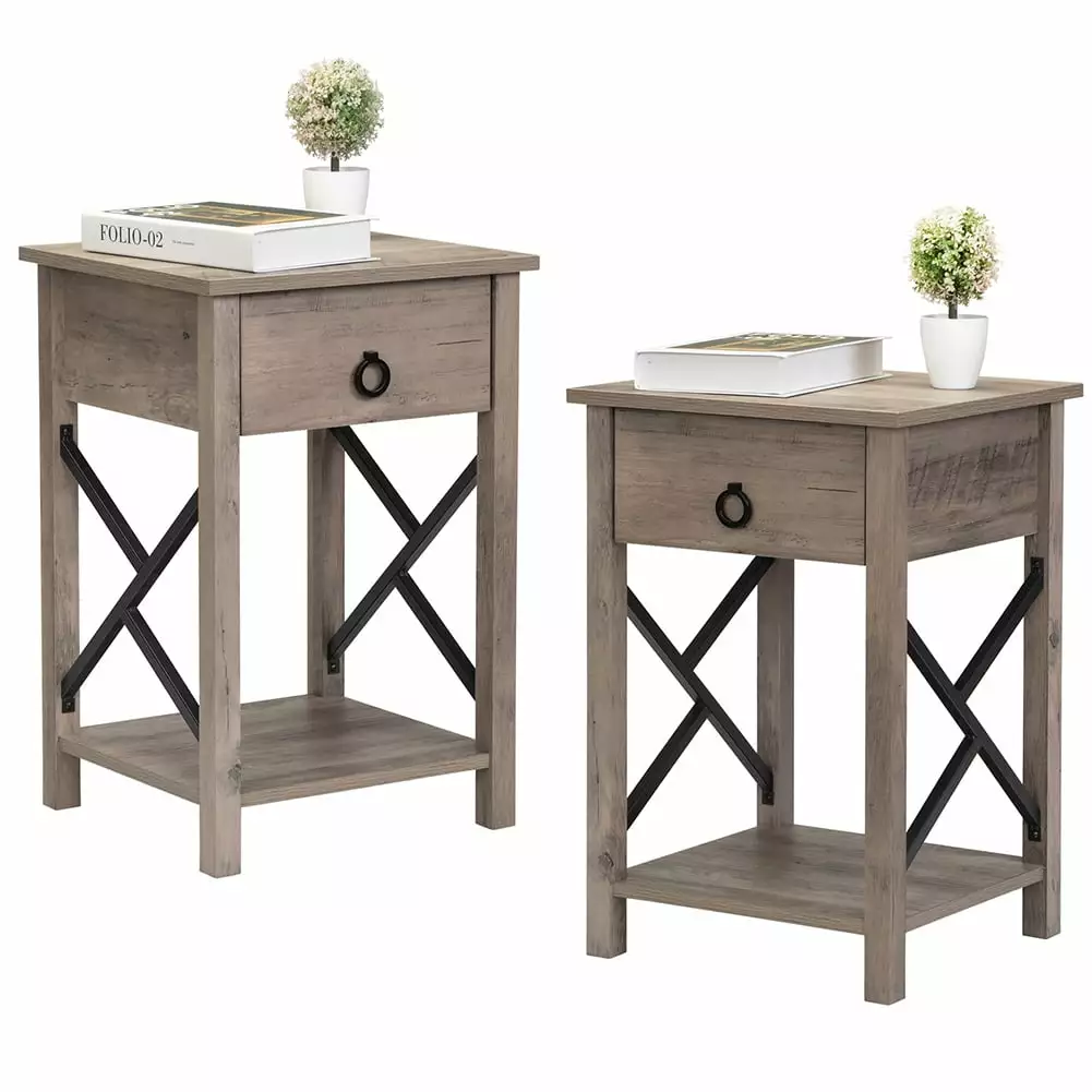 Kepooman Farmhouse Wood Nightstand, Square End Table Drawer, Bedside Table Set 2, Gray and Black
