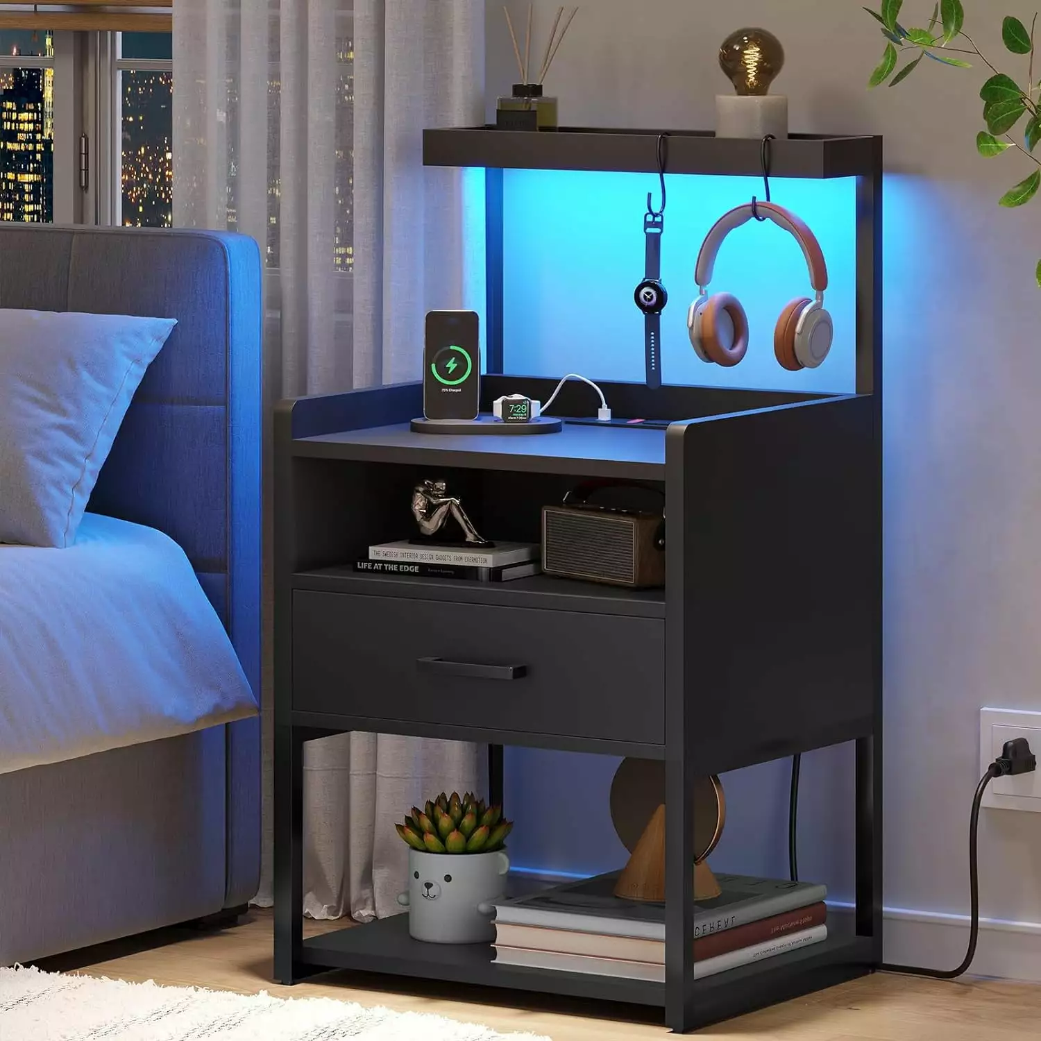 Black Nightstand USB Charging Station LED Light Drawer and Storage Shelves Kicode
